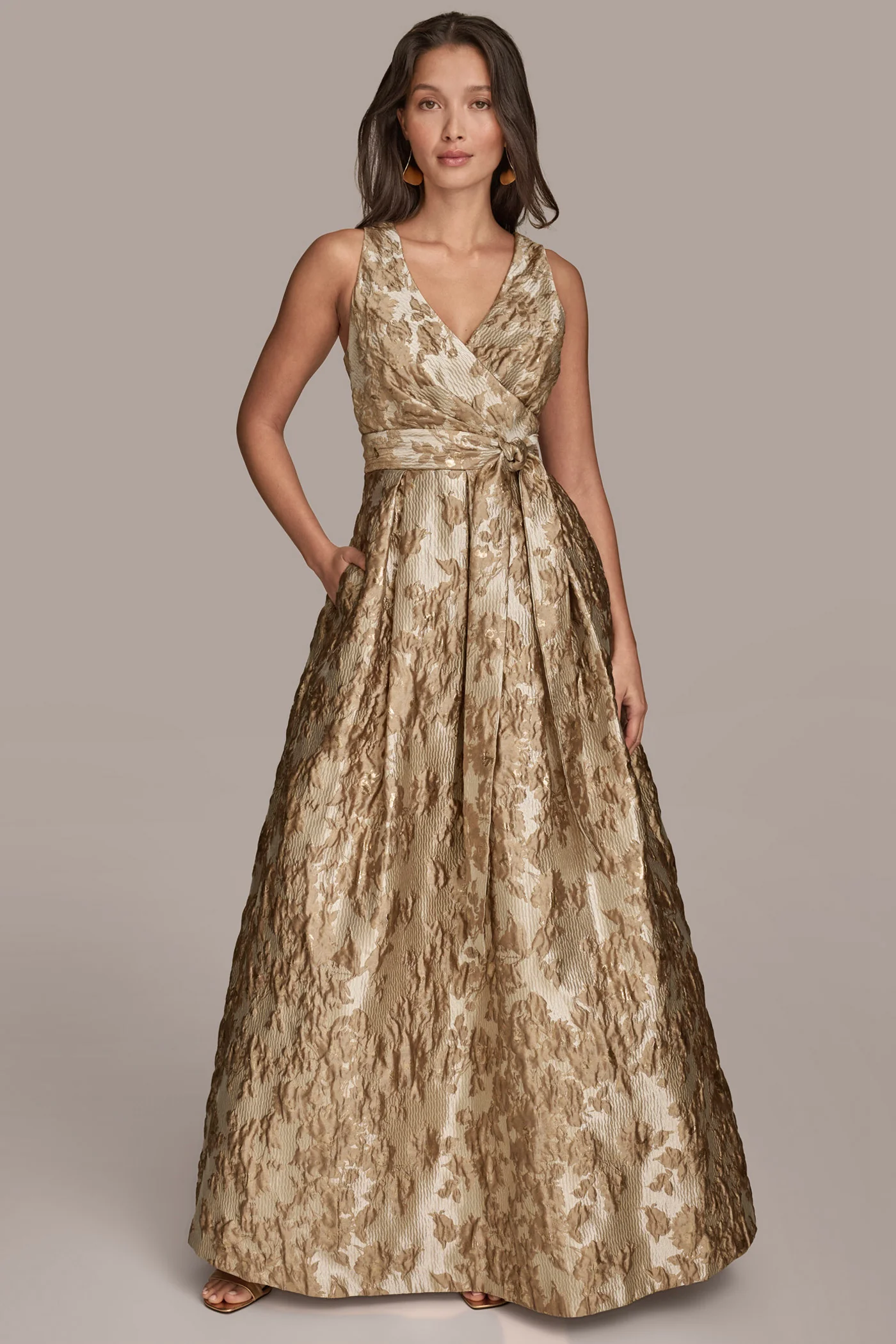 BROCADE SLEEVELESS WRAP BALL GOWN - VXVOV