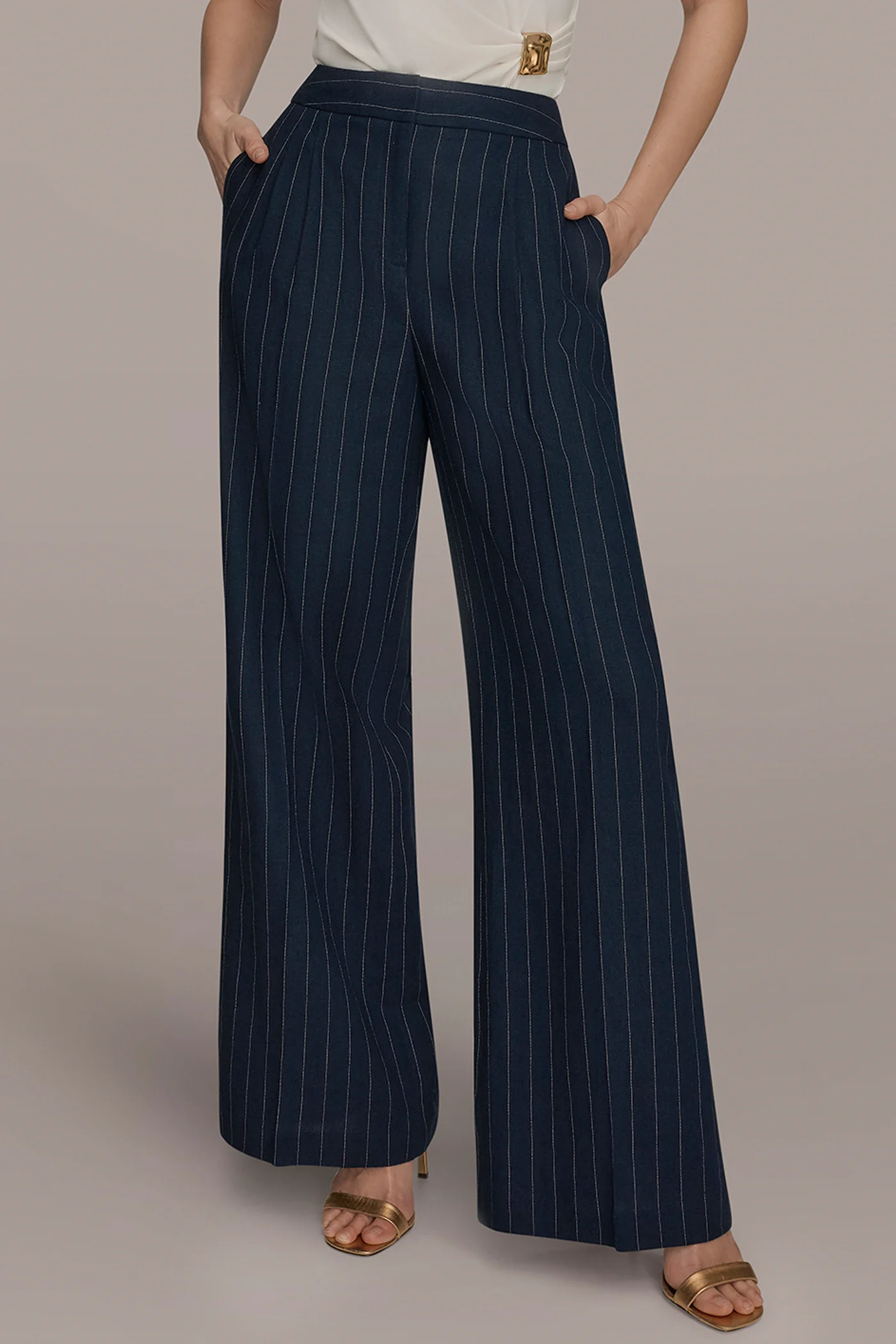 LINEN-BLEND PINSTRIPE WIDE-LEG SUIT PANT - VXVOV