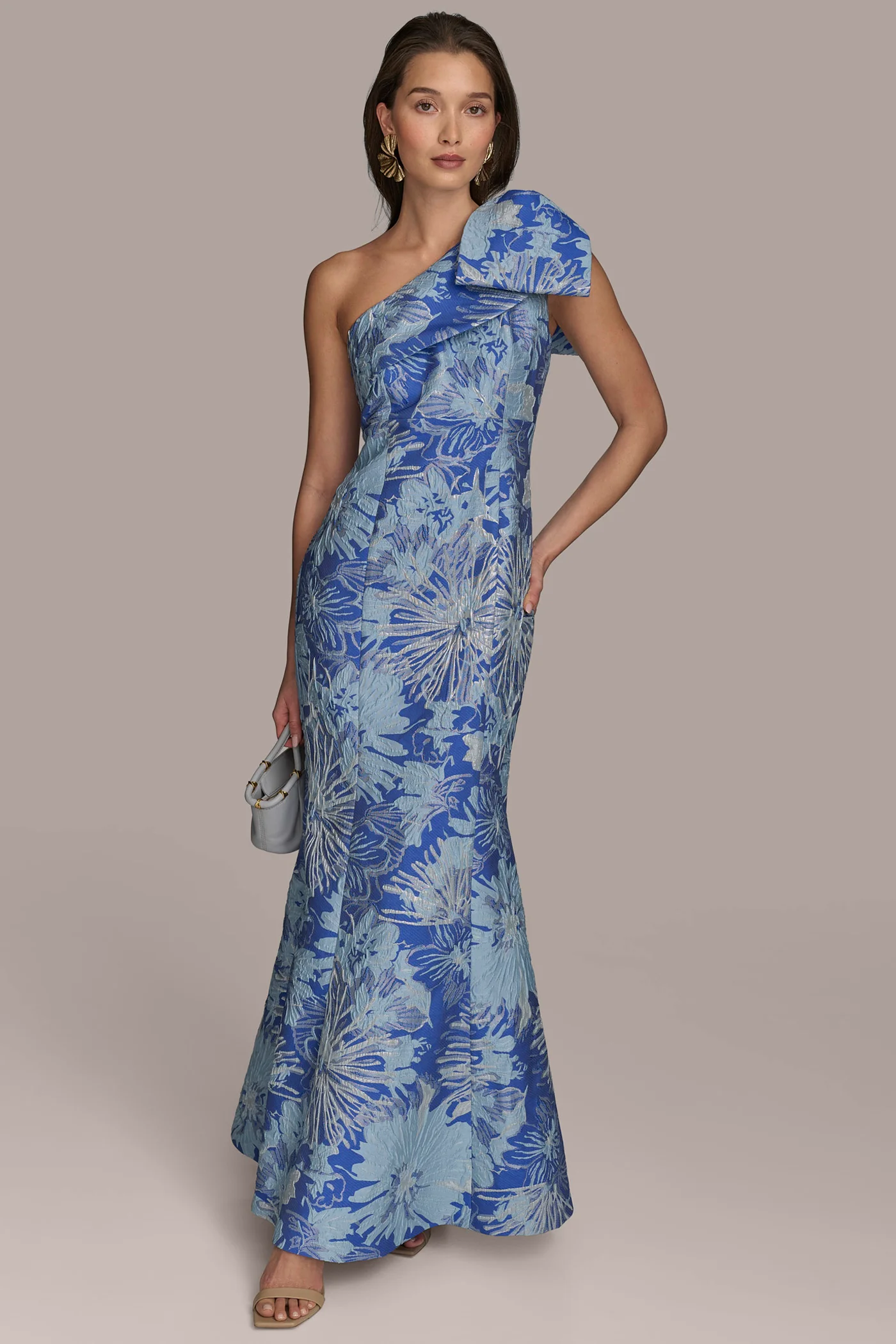 FLORAL BROCADE ONE-SHOULDER BOW GOWN - VXVOV