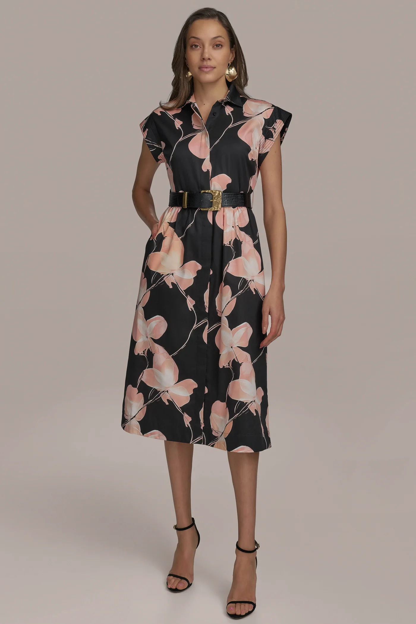 SATEEN CAP SLEEVE PRINTED SHIRT DRESS - VXVOV