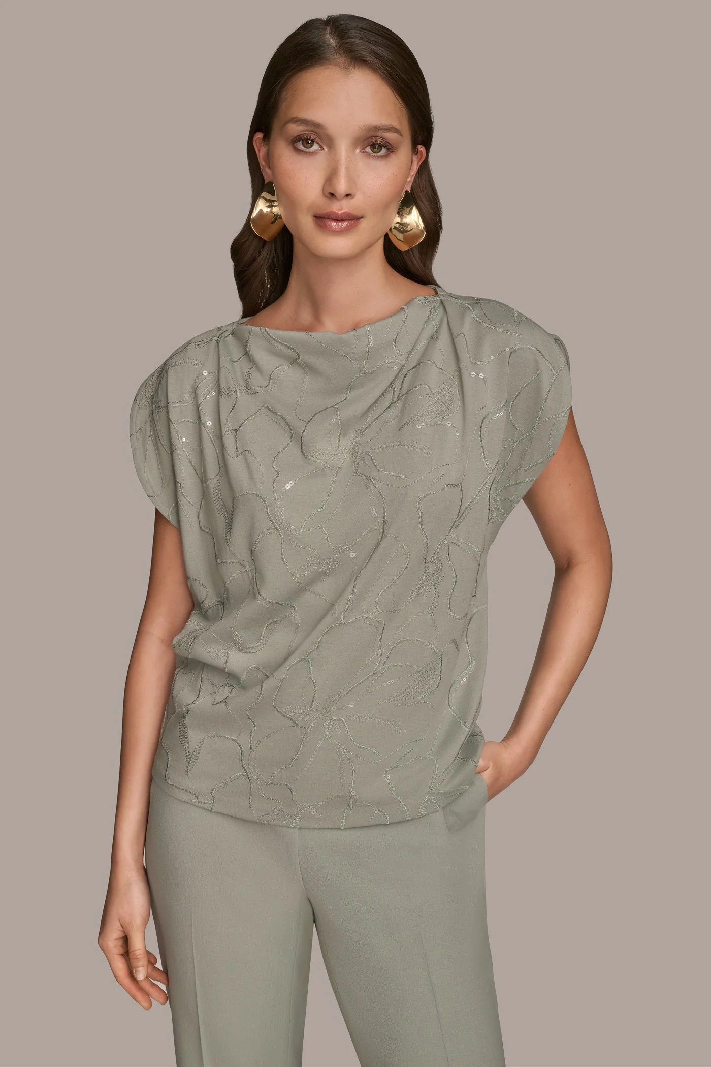 SHORT SLEEVE COWL-NECK SEQUIN TOP - VXVOV