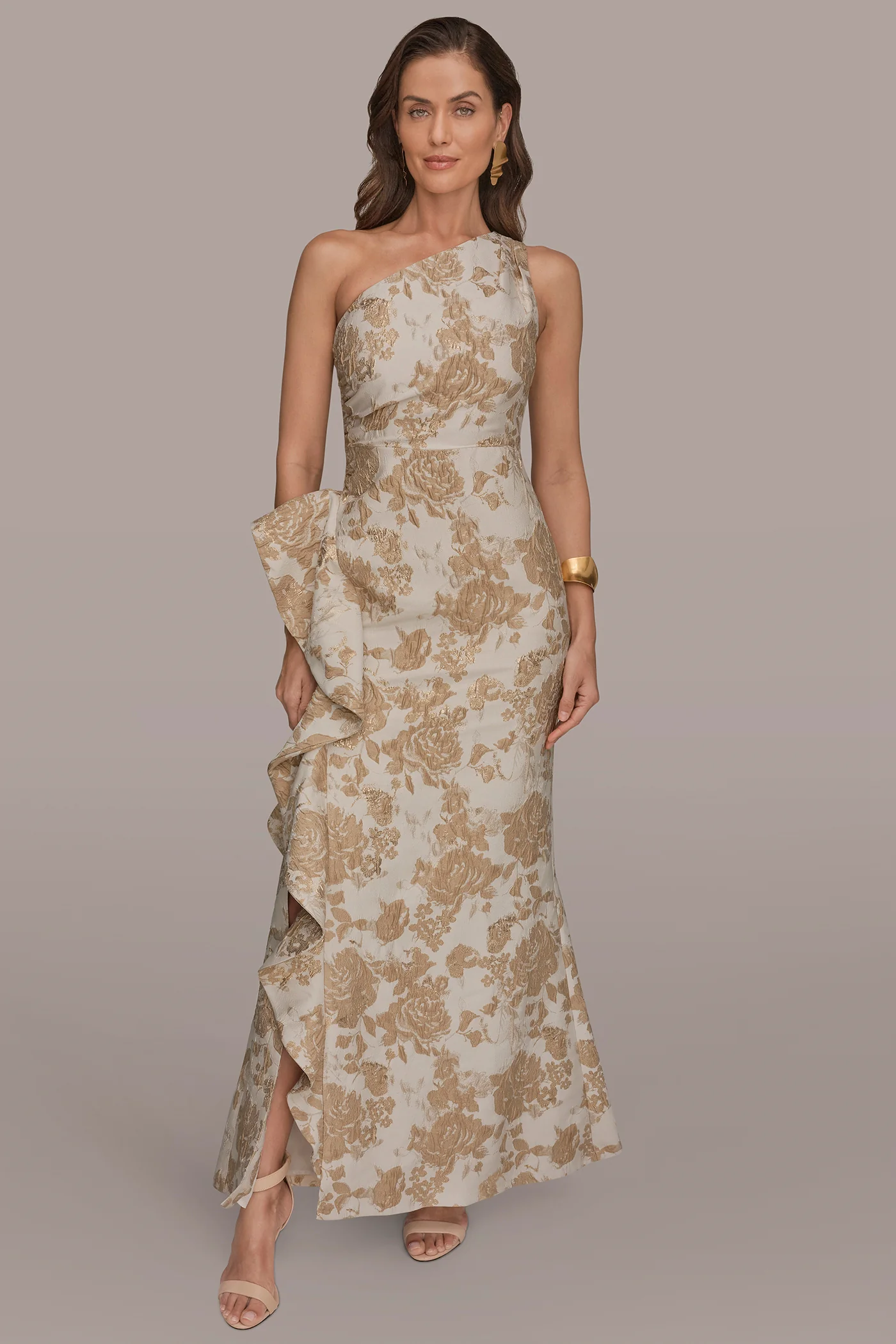 FLORAL-JACQUARD ONE-SHOULDER RUFFLE GOWN - VXVOV