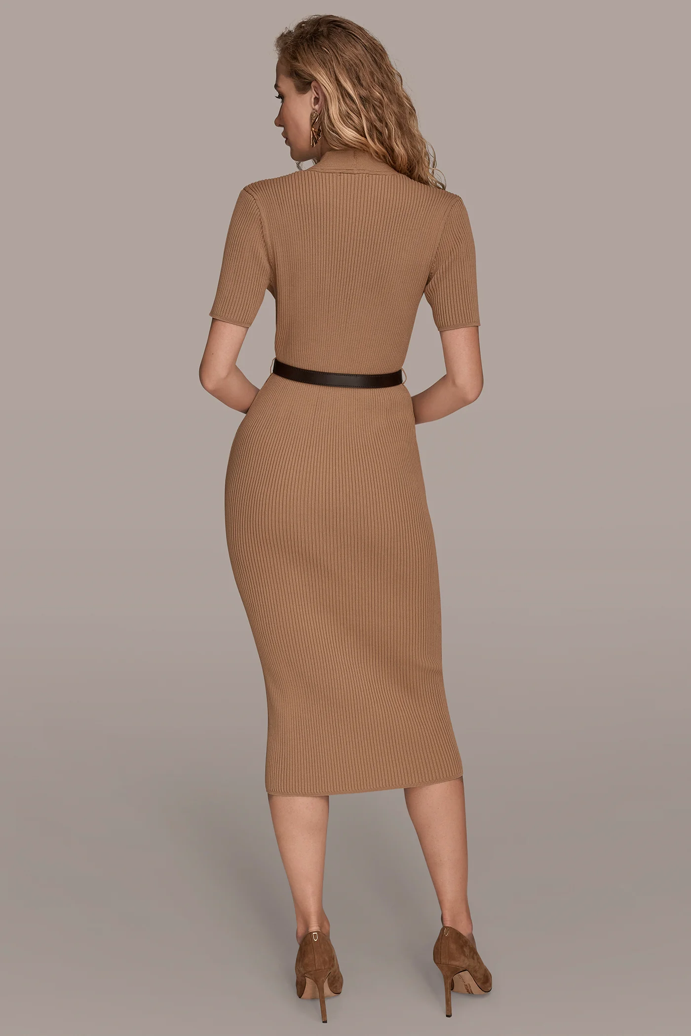 SHORT-SLEEVE V-NECK MIDI SWEATER DRESS - VXVOV