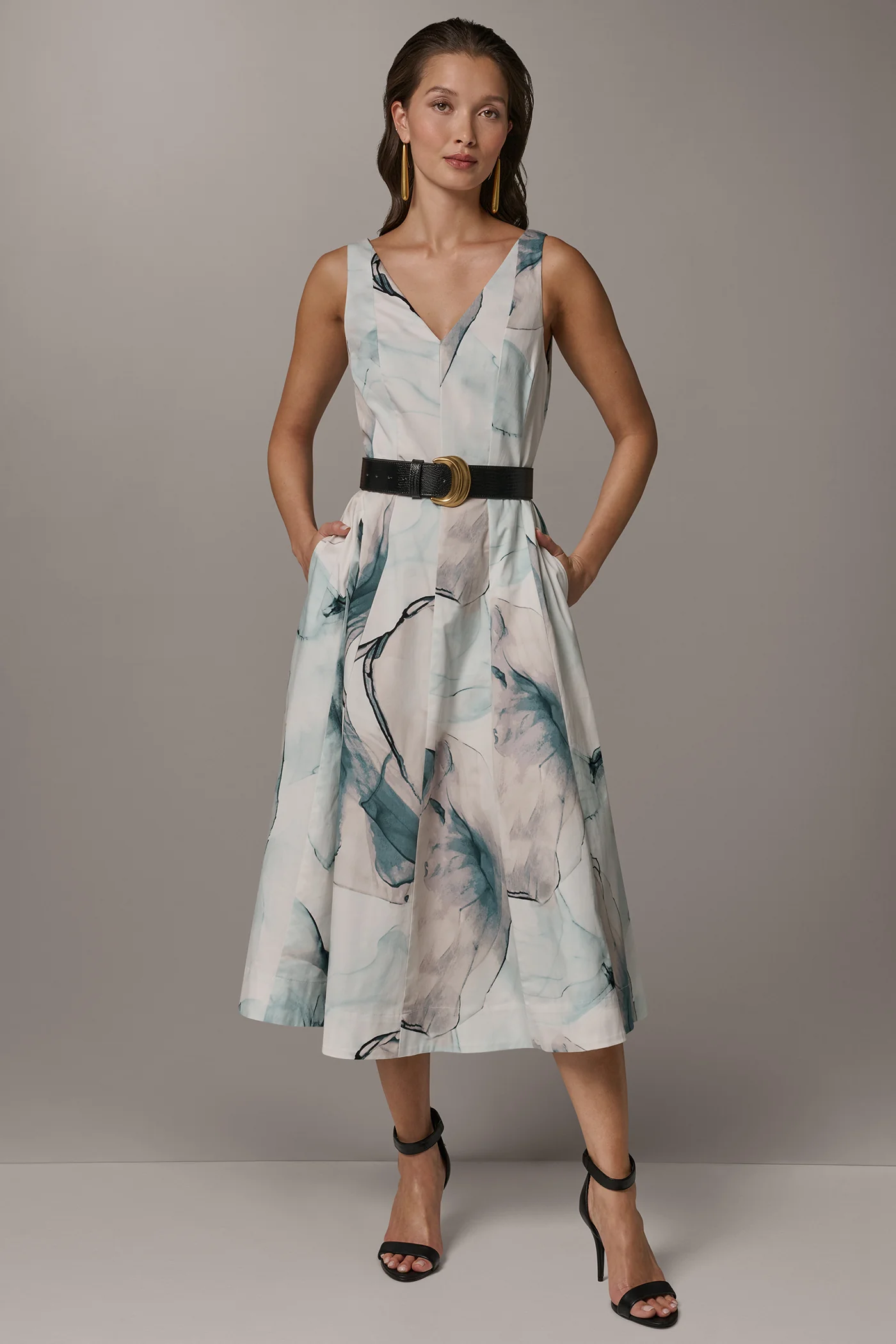 STRETCH-COTTON PRINTED MIDI FIT AND FLARE DRESS - VXVOV