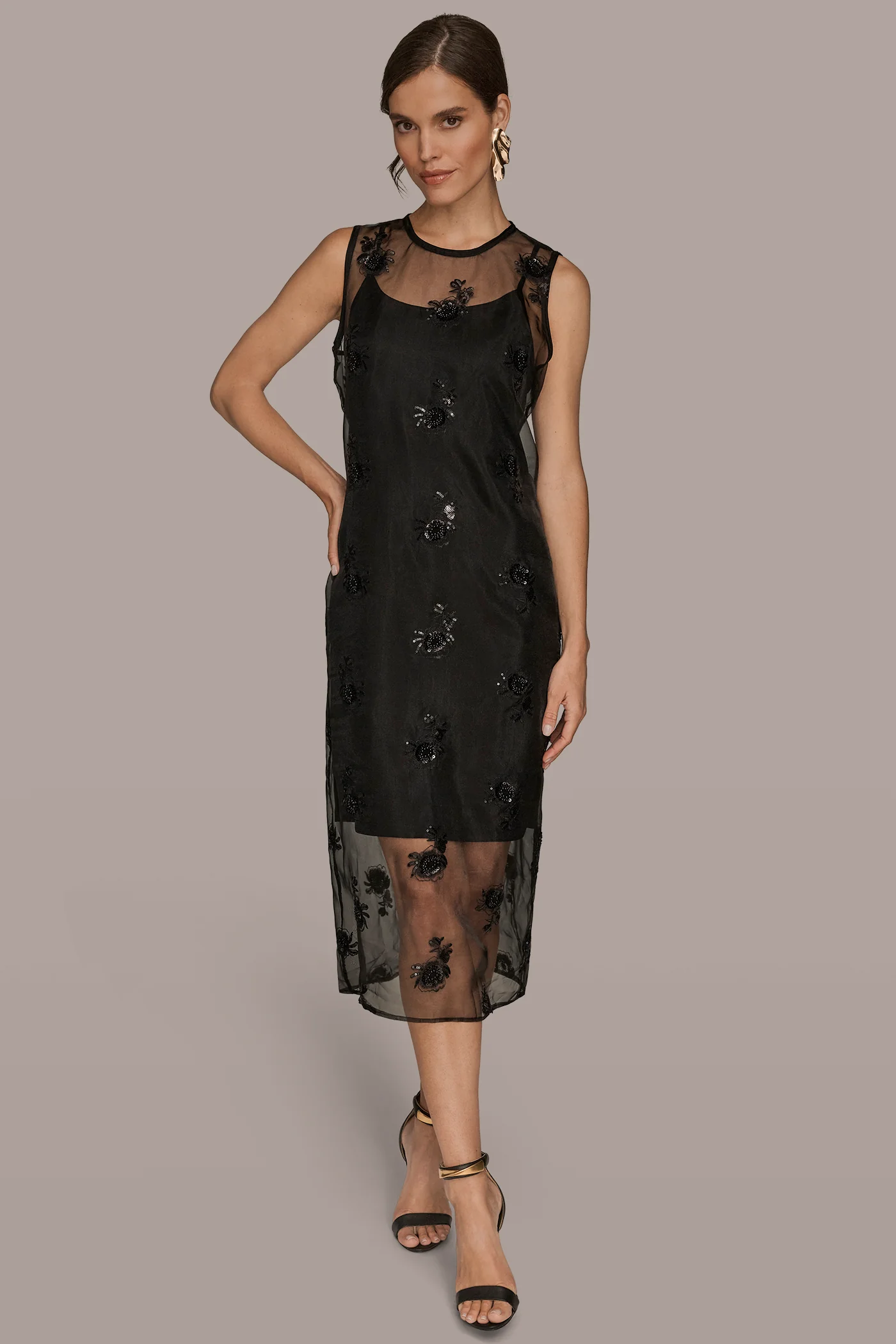 LAYERED FLORAL BEAD MIDI SHEATH DRESS - VXVOV