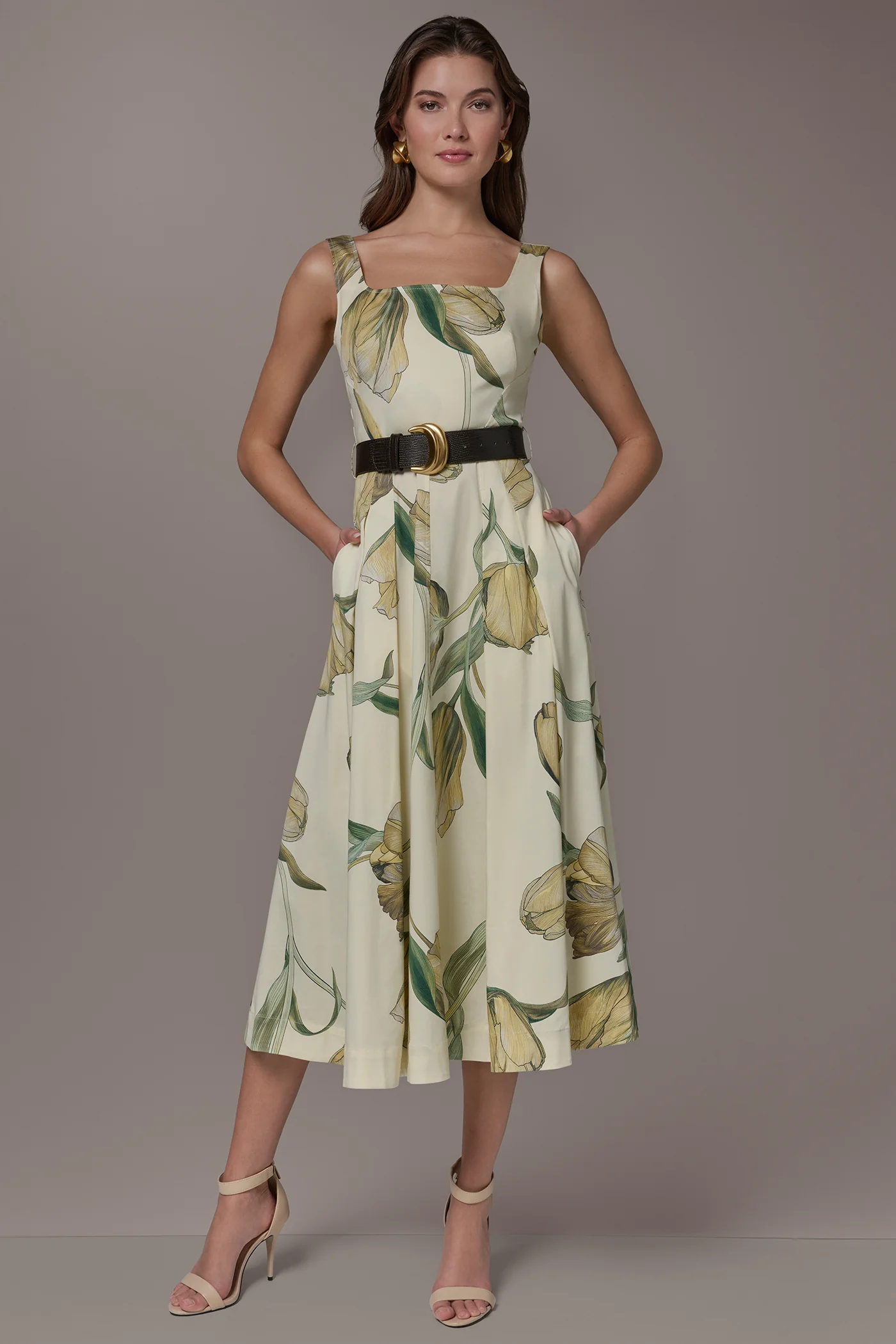 COTTON-SATEEN PRINTED MIDI A-LINE DRESS - VXVOV
