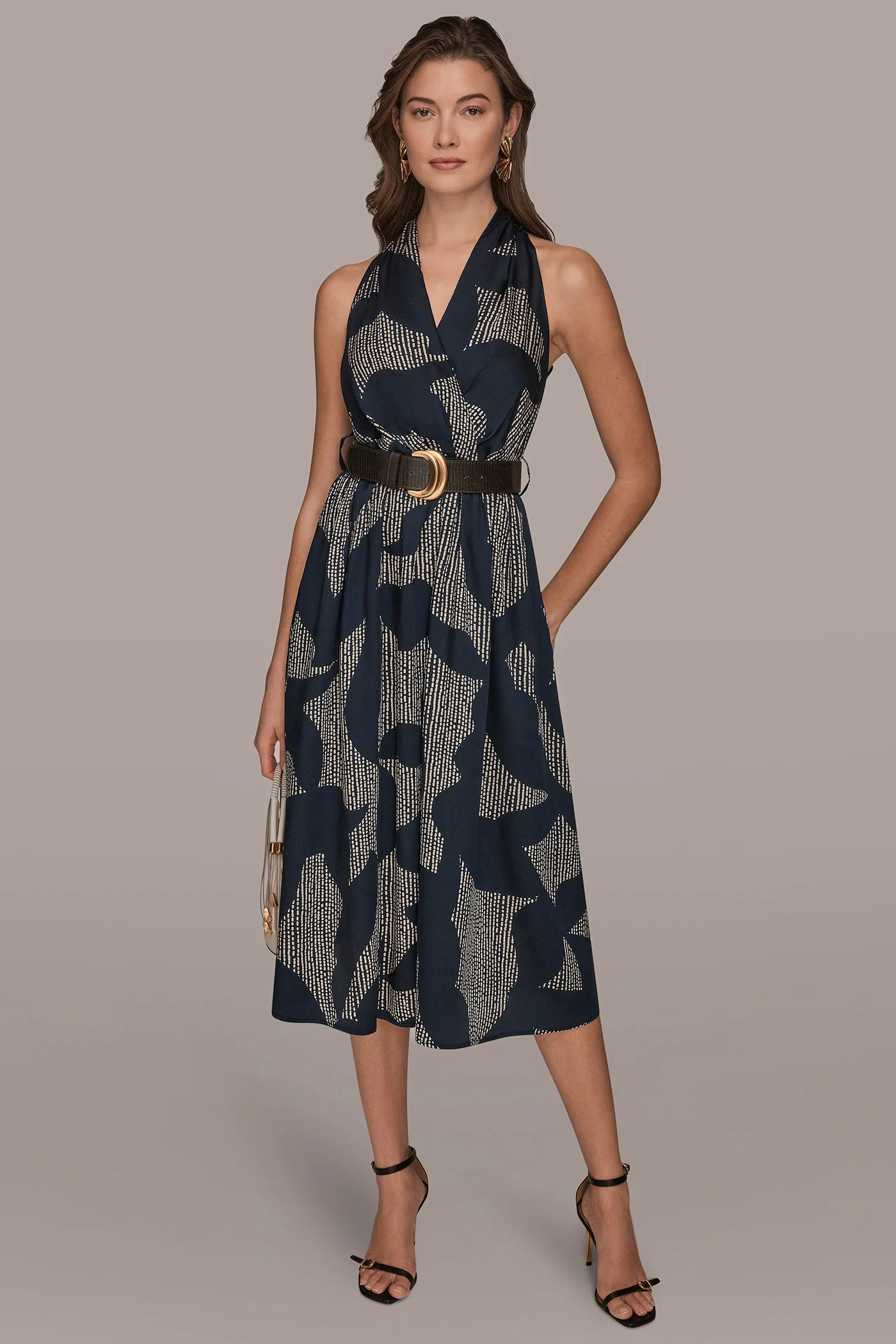 PRINTED WRAP MIDI HALTER DRESS - VXVOV