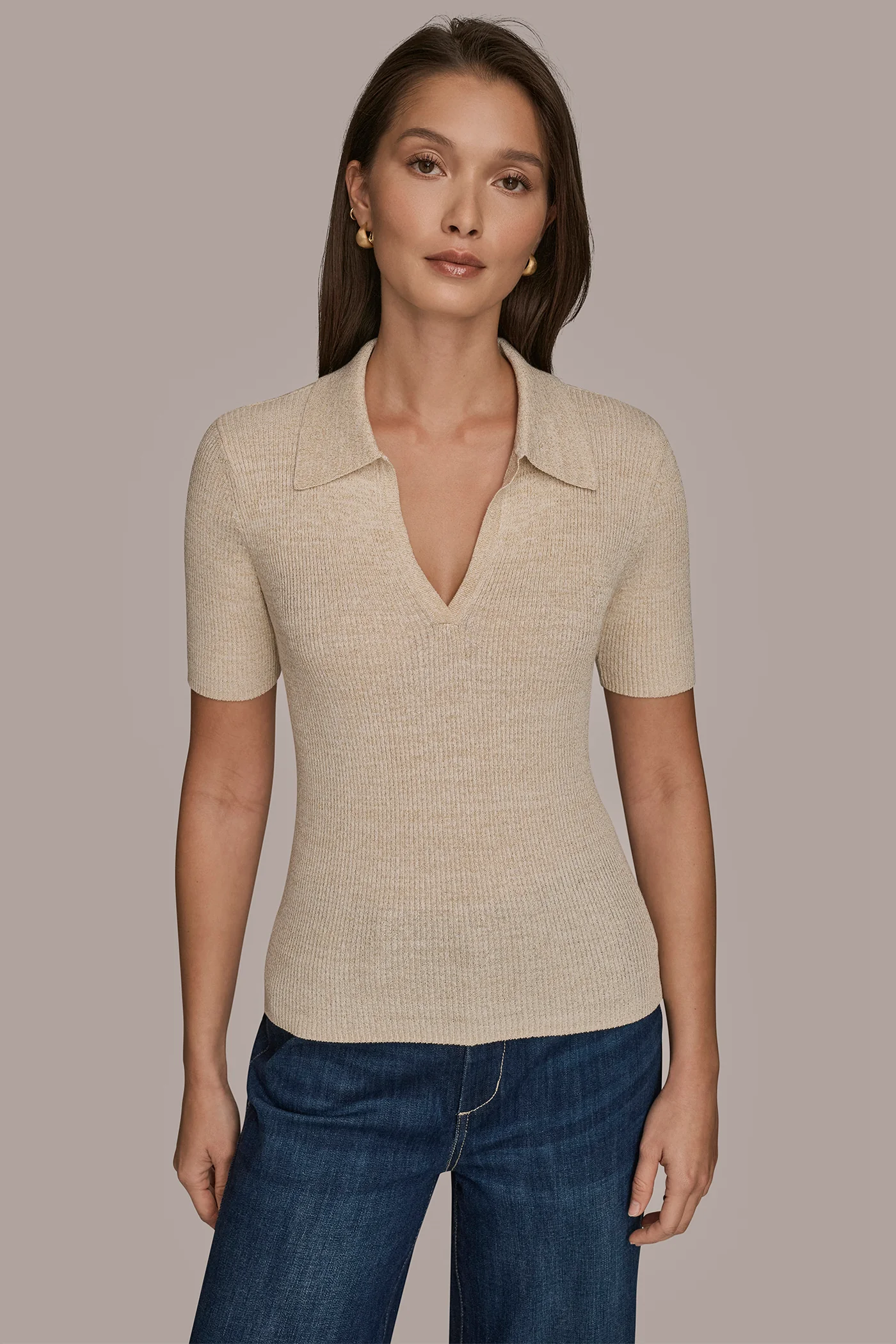 ELBOW-SLEEVE METALLIC RIBBED POLO SWEATER - VXVOV