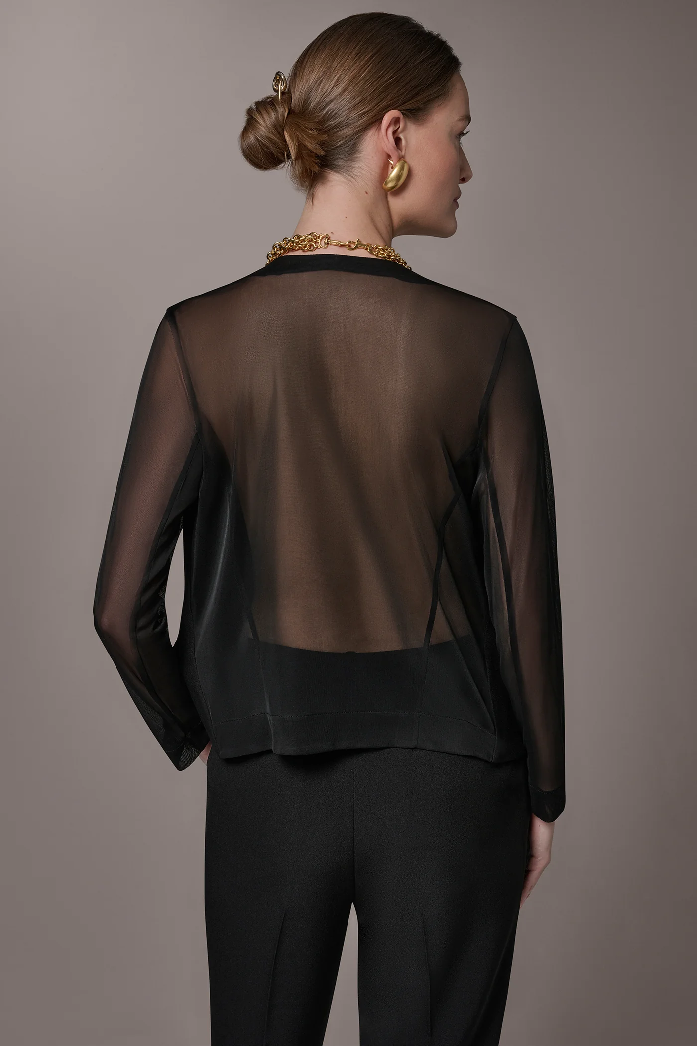 CHIFFON PANELED ONE BUTTON JACKET - VXVOV