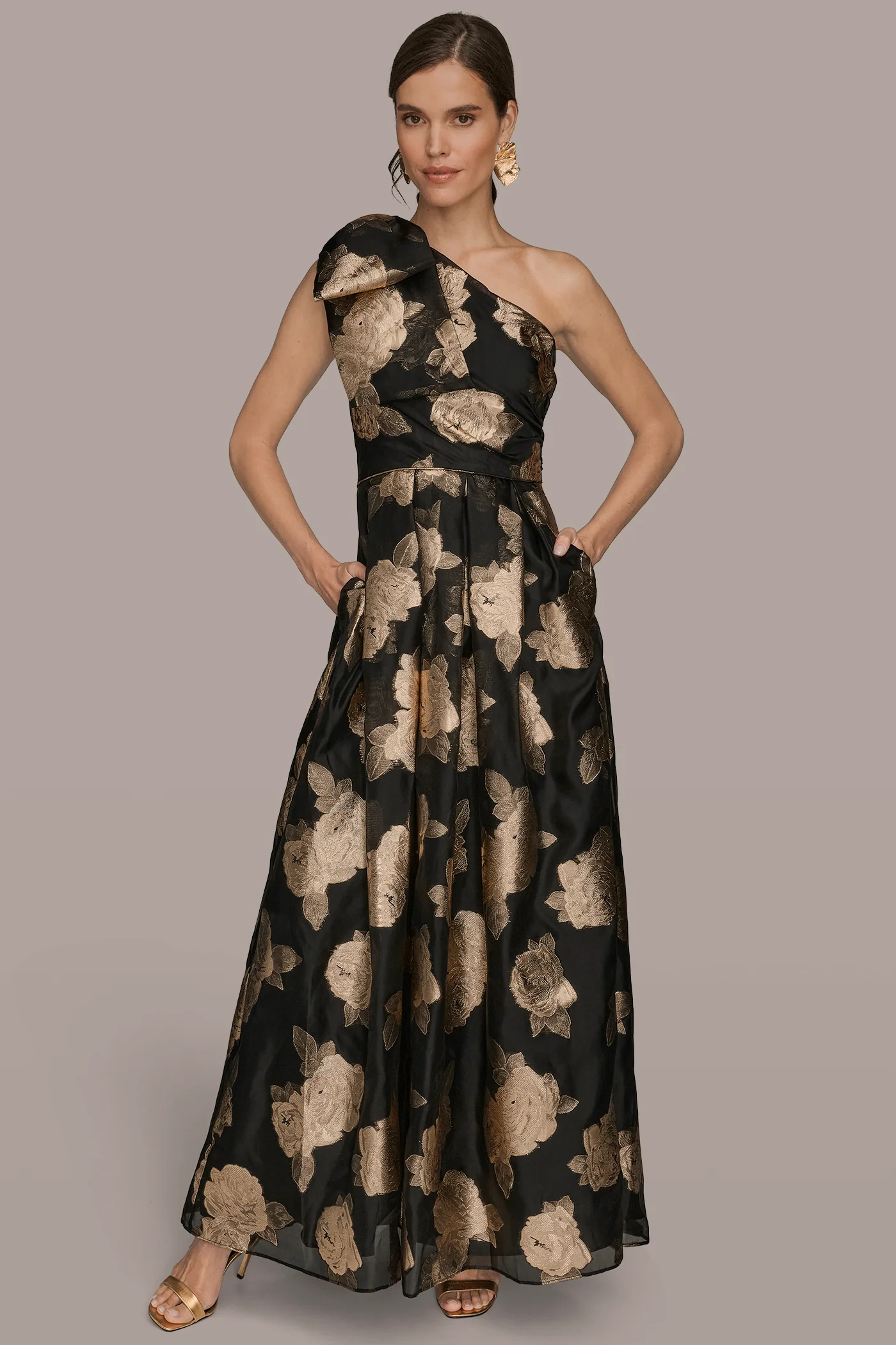 FLORAL-JACQUARD ONE-SHOULDER BOW GOWN - VXVOV