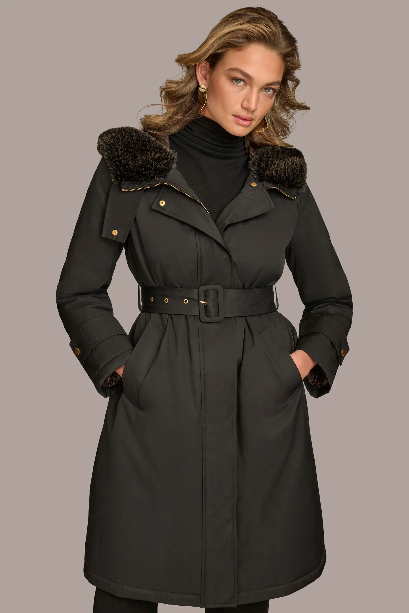 FAUX FUR TRIM LINED RAIN COAT - VXVOV