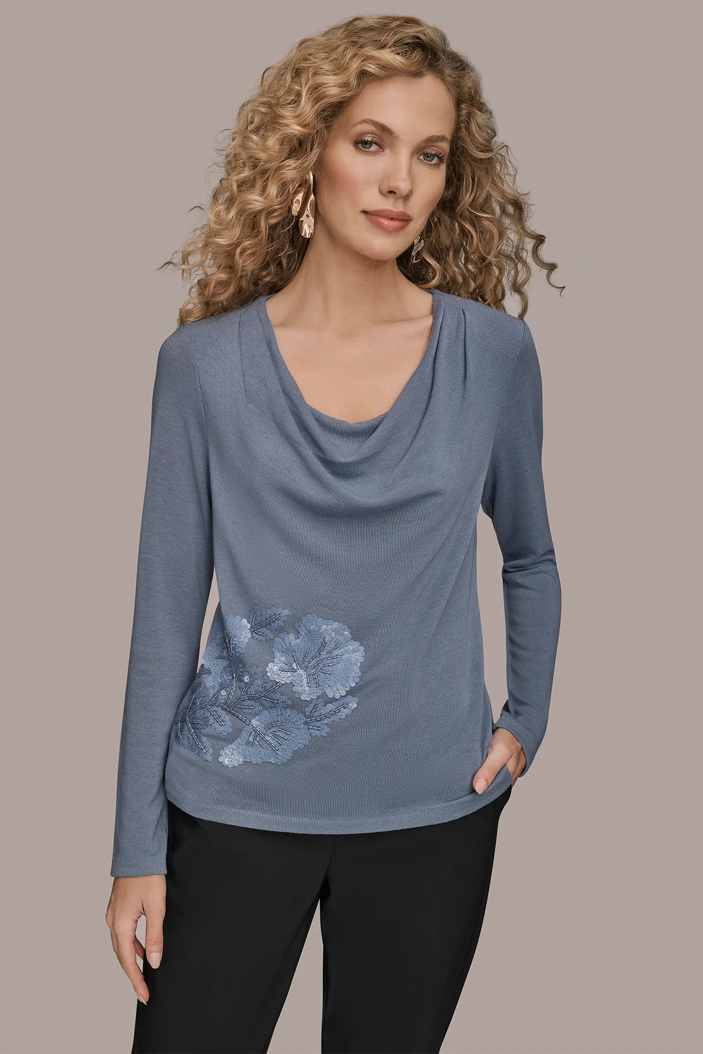 LONG-SLEEVE COWL-NECK FLORAL TOP - VXVOV