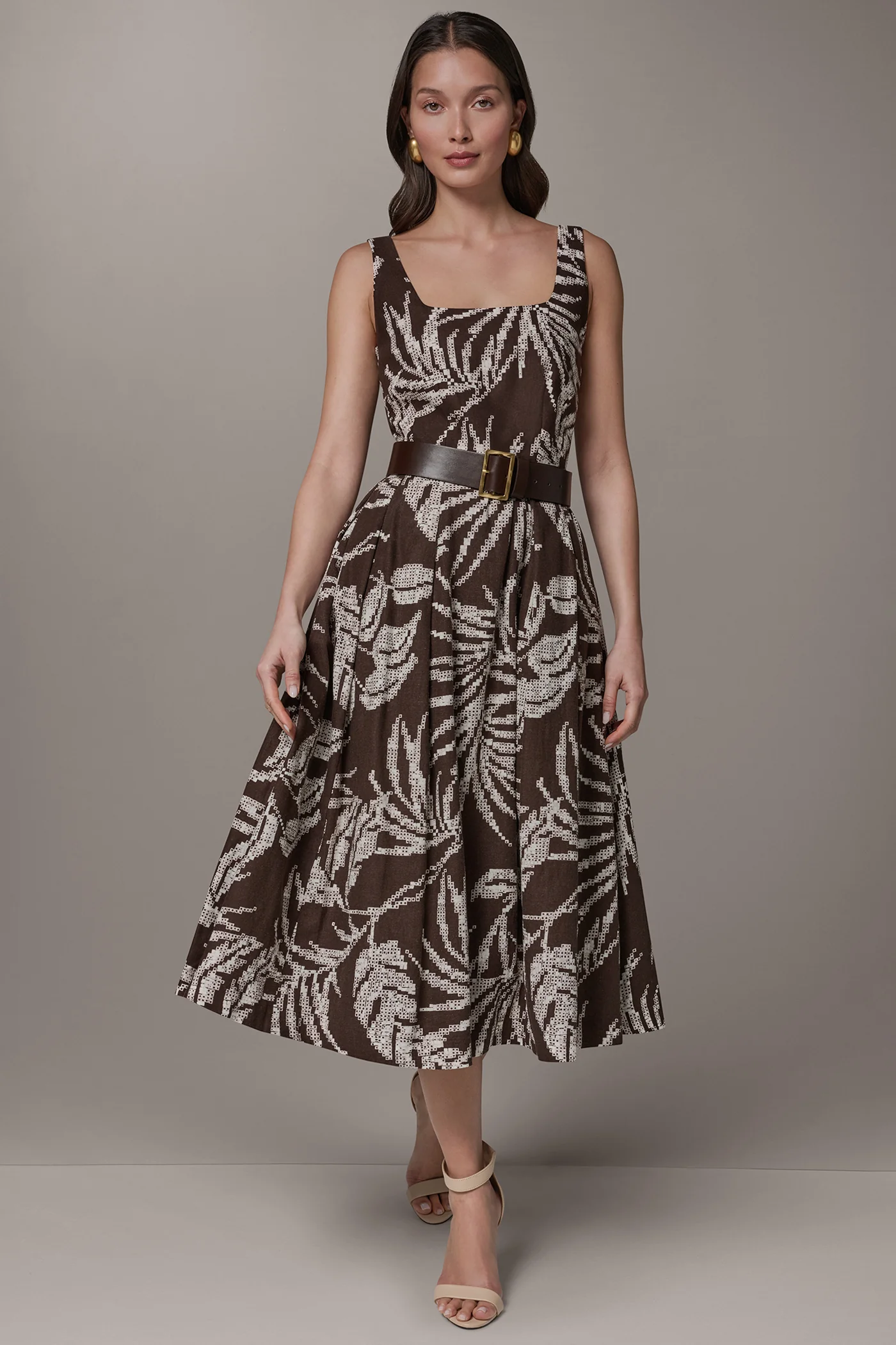 SLEEVELESS SQUARE NECK PRINTED BELTED MIDI FIT AND FLARE DRESS - VXVOV