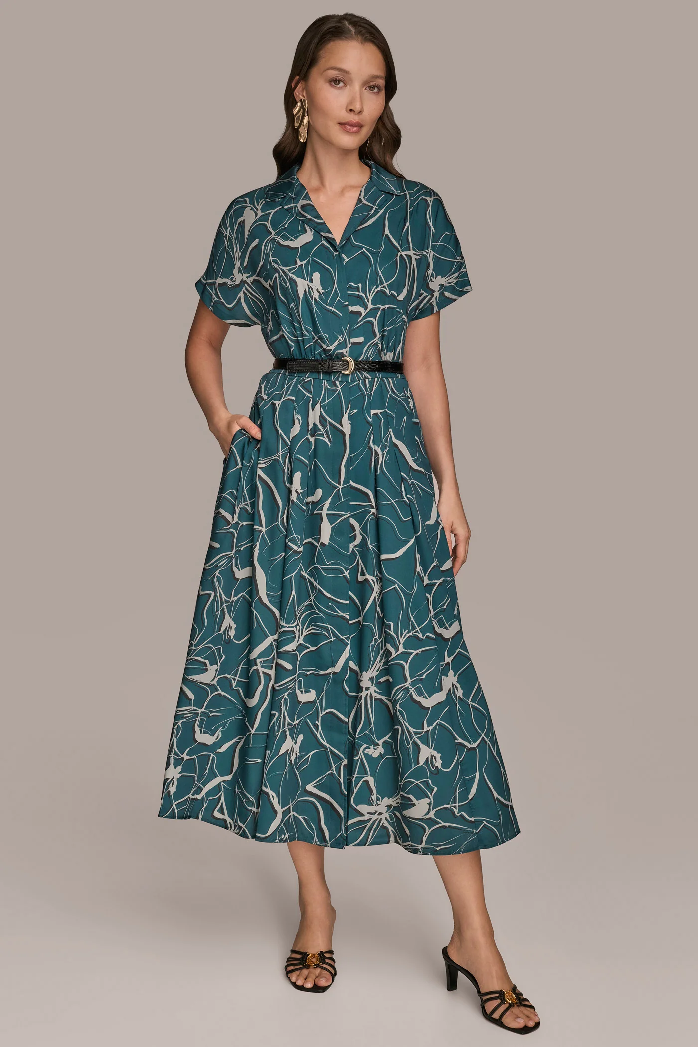 SHORT SLEEVE FLORAL MIDI SHIRT DRESS - VXVOV