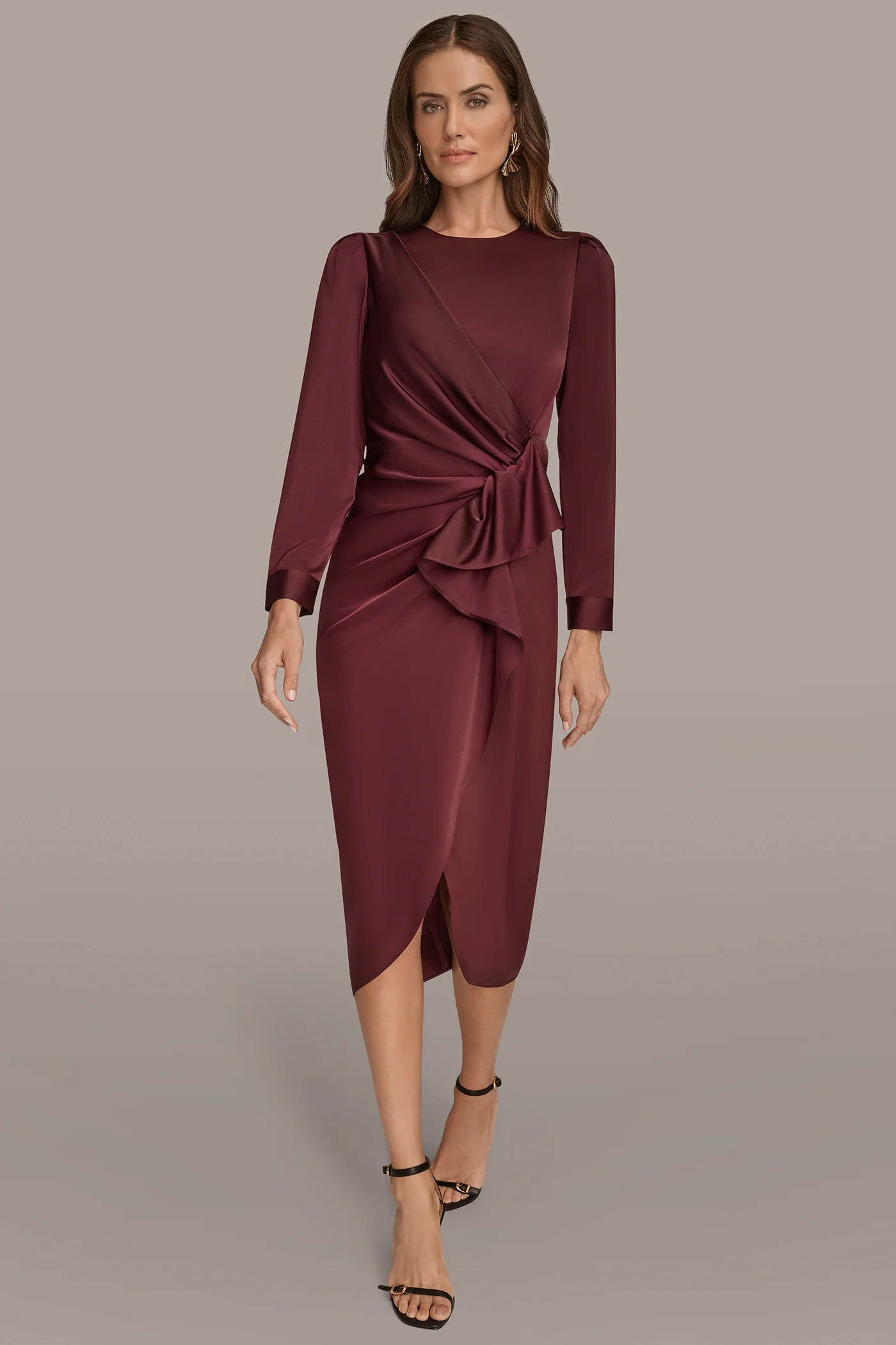 SATIN LONG SLEEVE RUFFLE MIDI DRESS - VXVOV