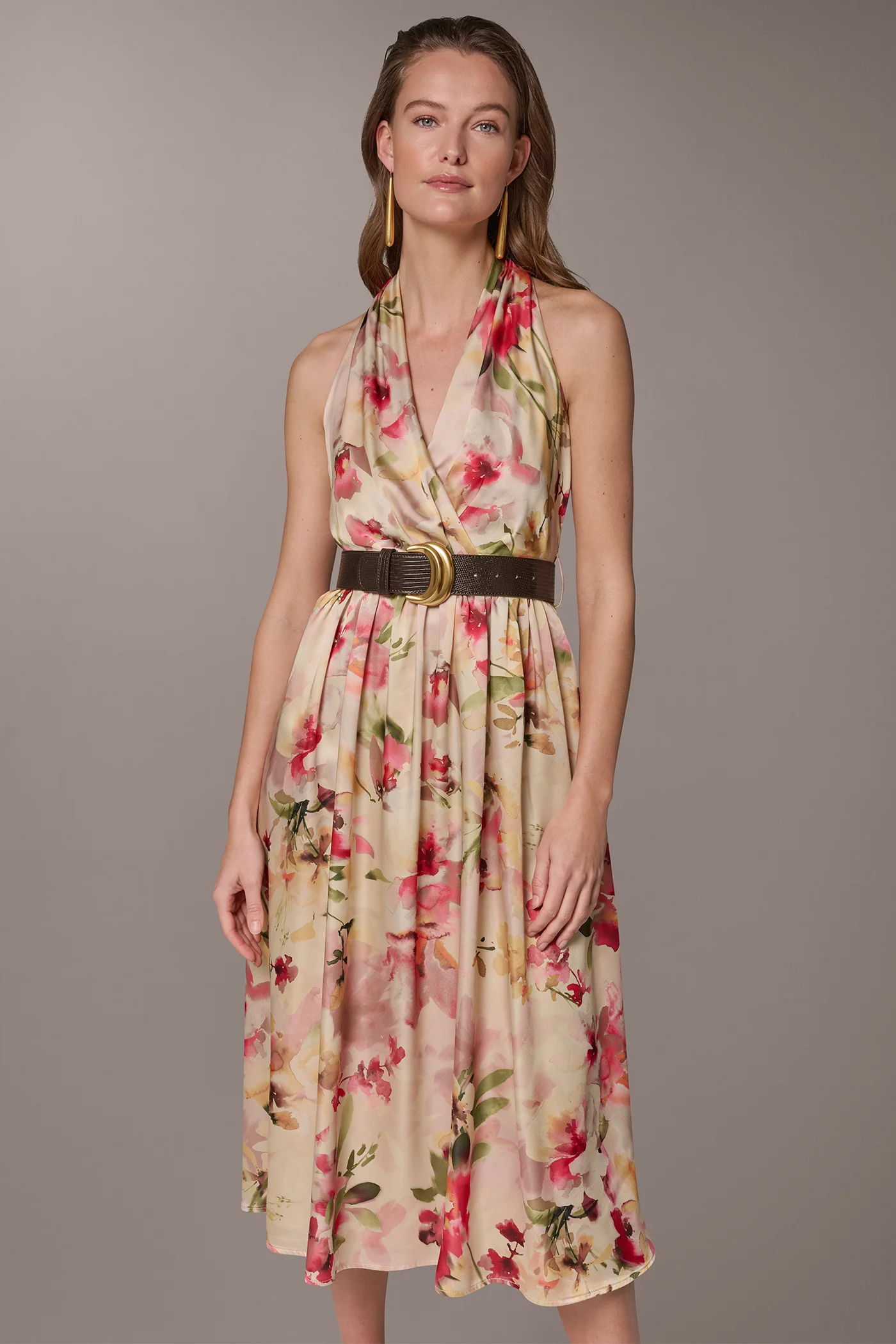 CHARMEUSE FLORAL WRAP-EFFECT MIDI HALTER DRESS - VXVOV