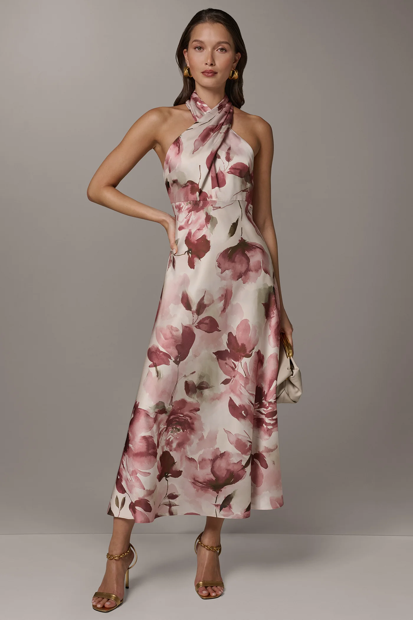 FLORAL MIDI A-LINE HALTER DRESS - VXVOV