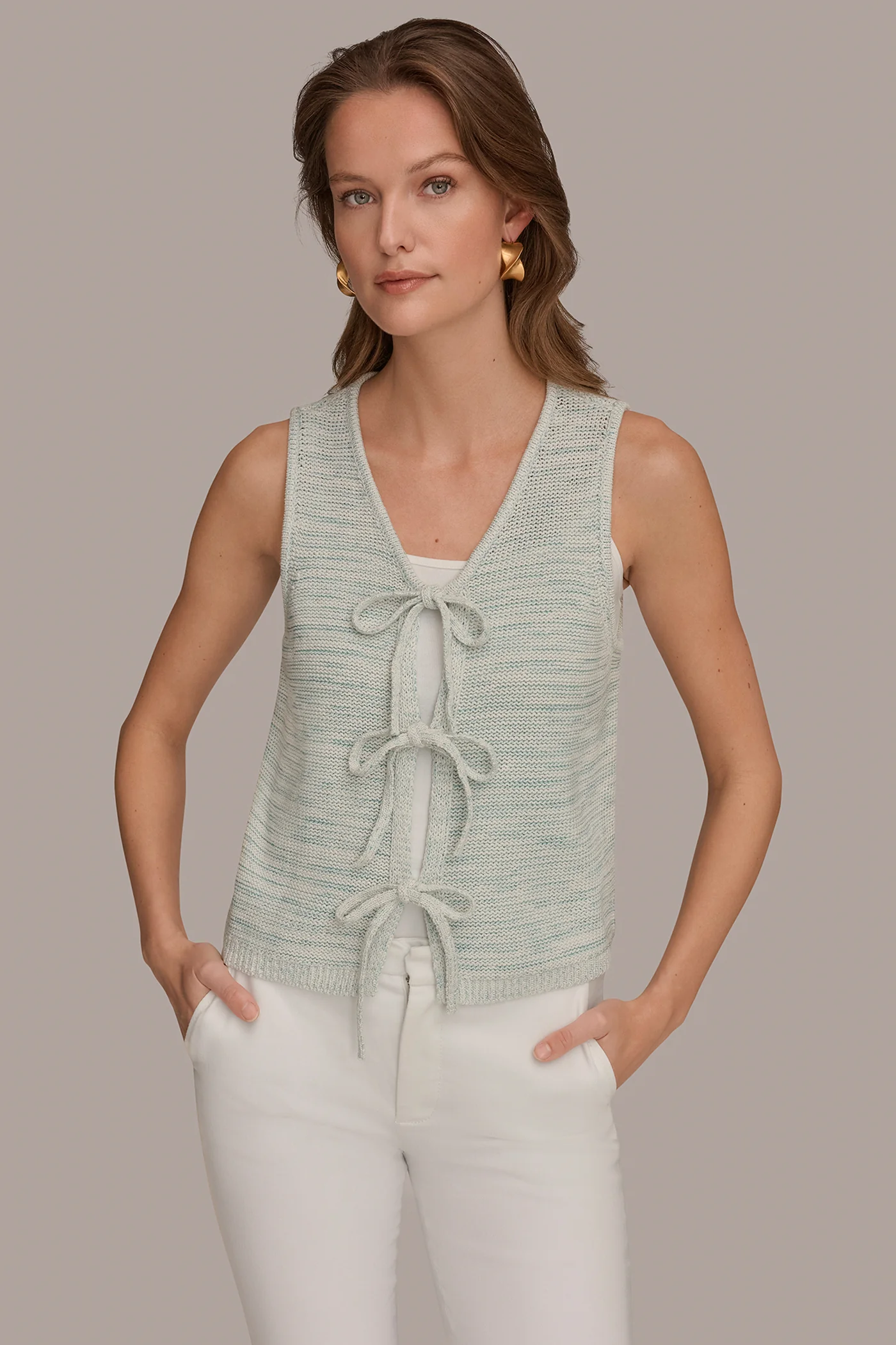 COTTON-BLEND SLEEVELESS TIE-FRONT CARDIGAN - VXVOV