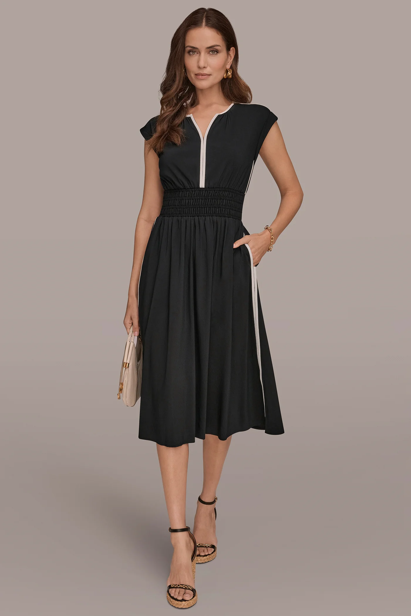 CAP-SLEEVE PIPED MIDI A-LINE DRESS - VXVOV
