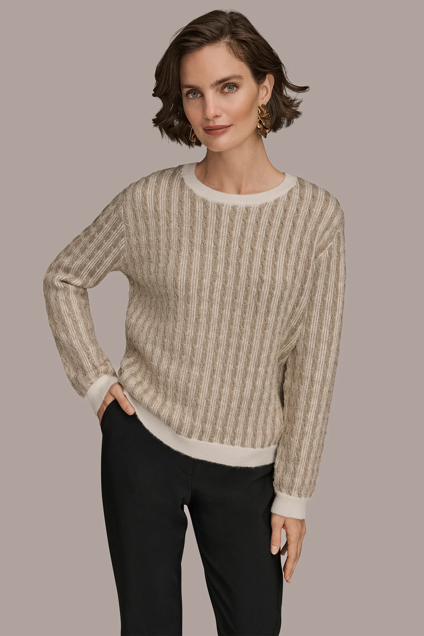 METALLIC TWO-TONE CABLE-KNIT SWEATER - VXVOV