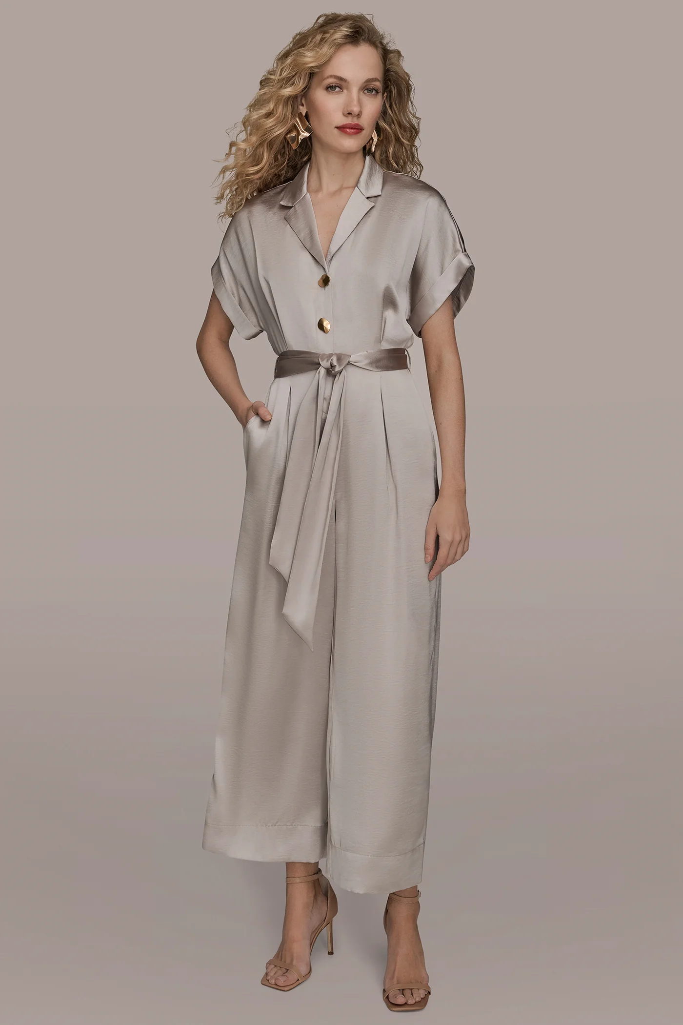 SATIN SHORT SLEEVE TIE-FRONT JUMPSUIT - VXVOV