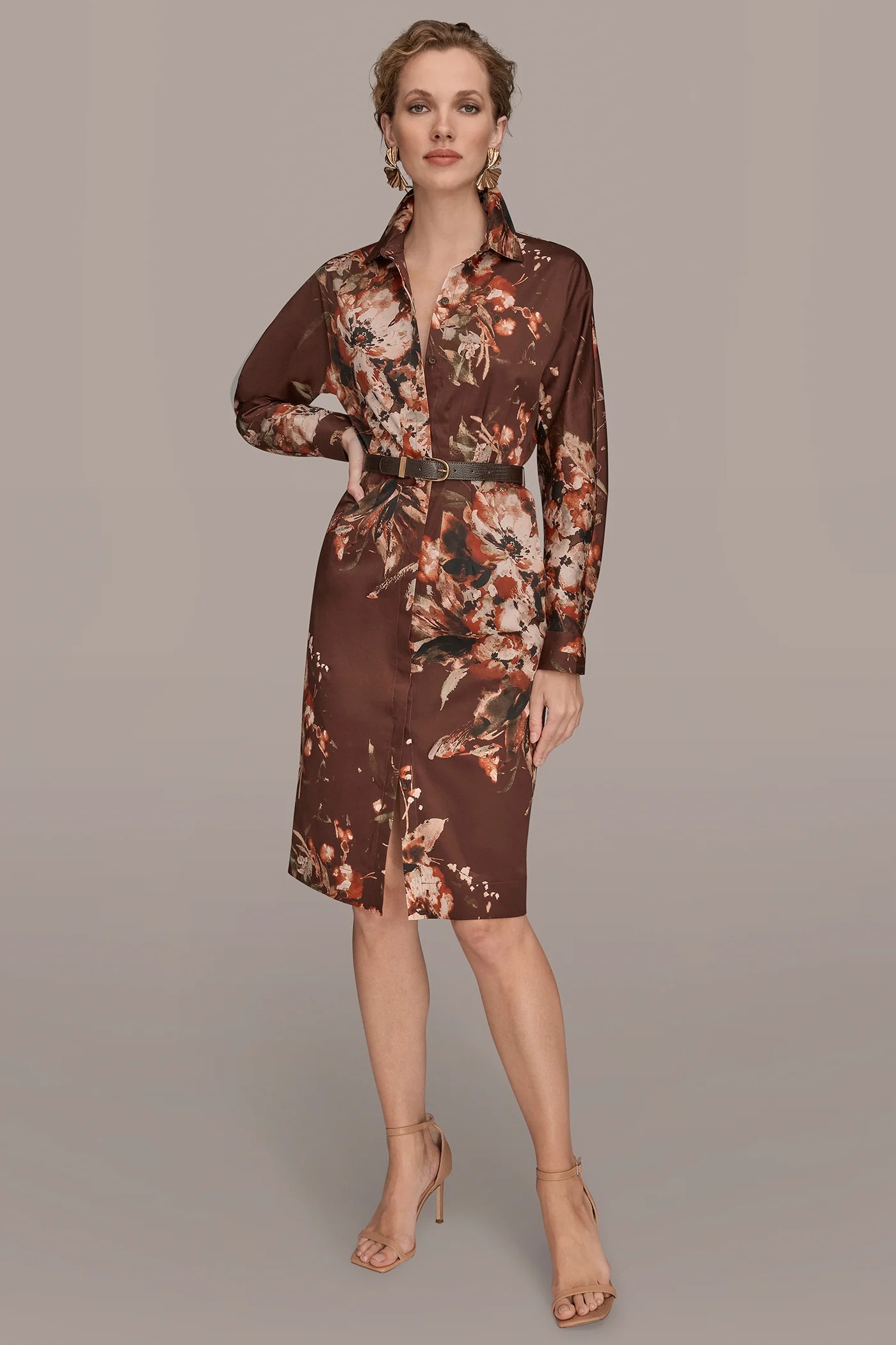 COTTON LONG SLEEVE FLORAL SHIRT DRESS - VXVOV