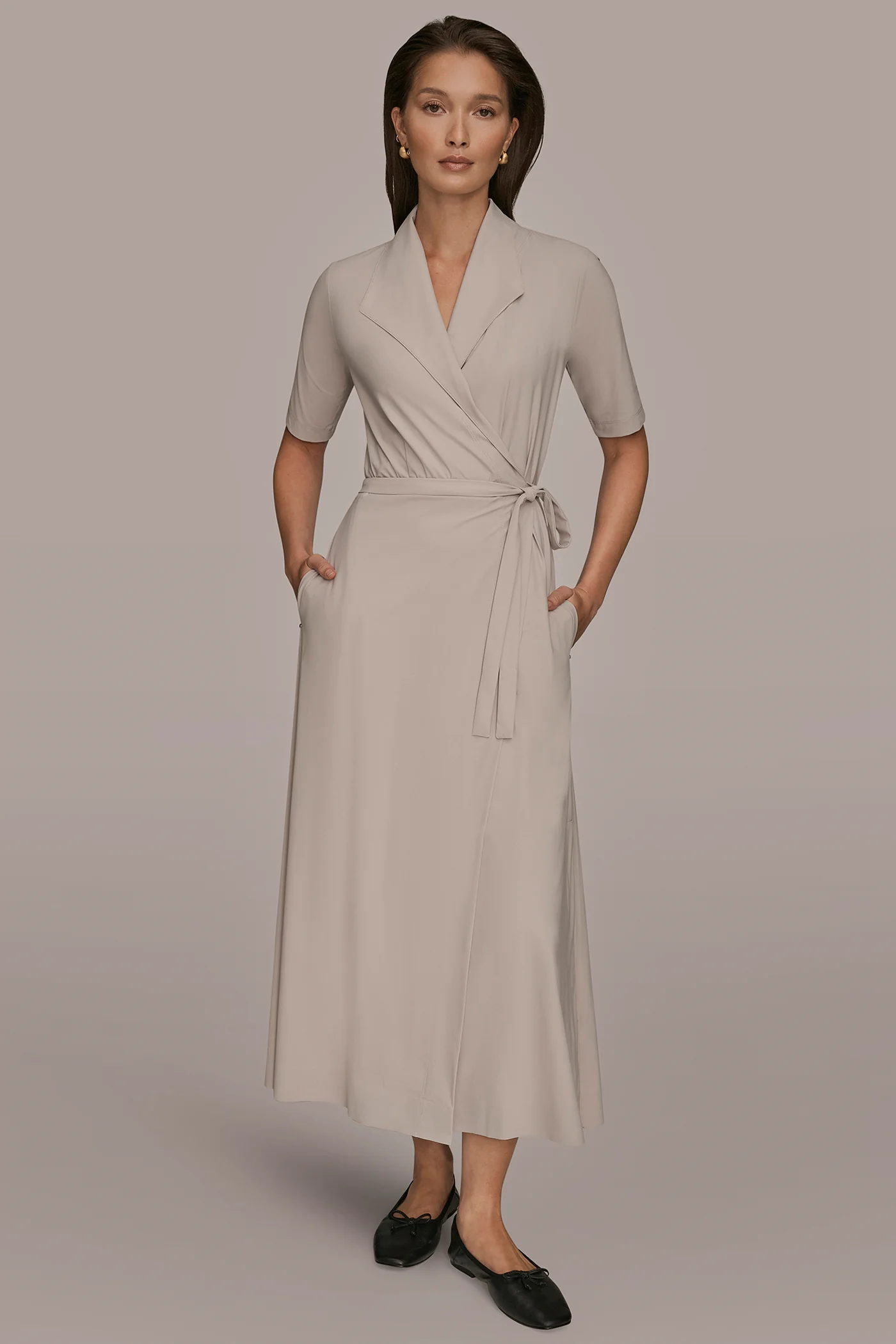 ELBOW-SLEEVE MIDI WRAP DRESS - VXVOV