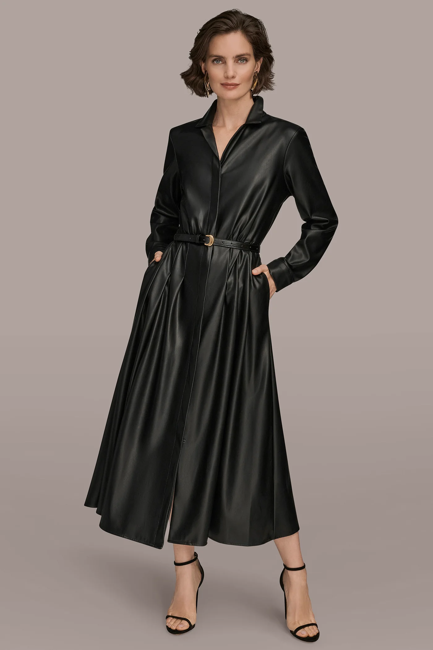LONG SLEEVE FAUX LEATHER MIDI SHIRT DRESS - VXVOV