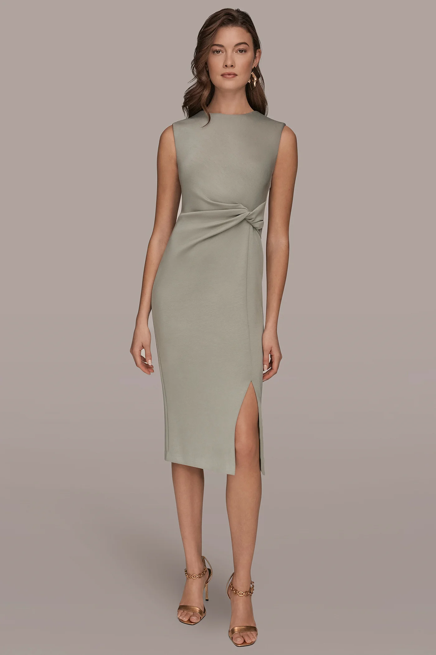 SLEEVELESS CREW-NECK TWIST MIDI SHEATH DRESS - VXVOV