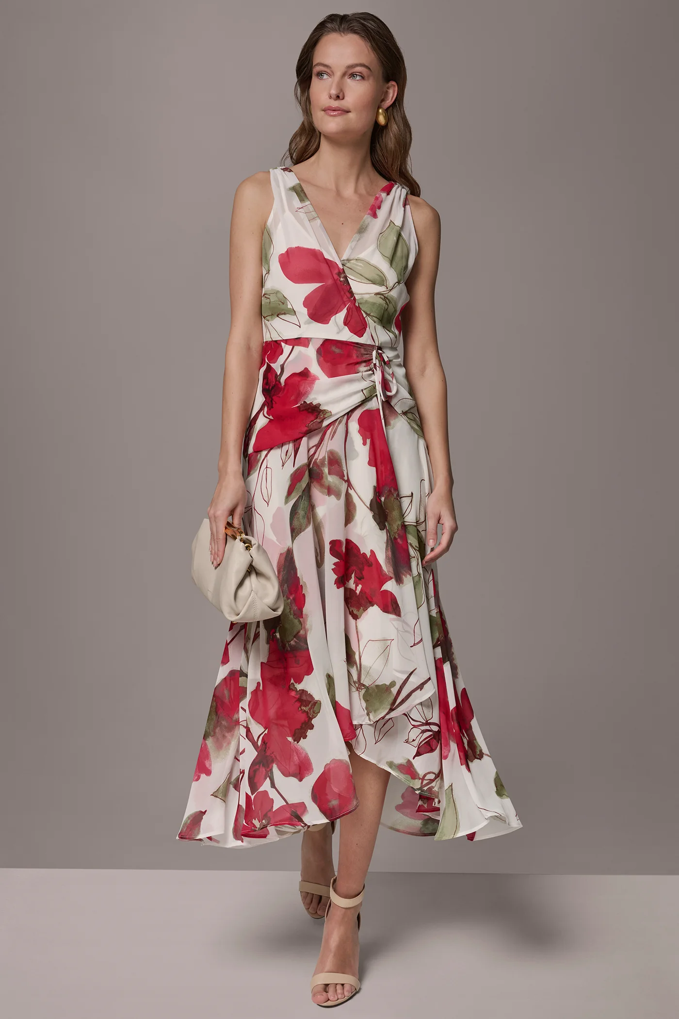 CHIFFON FLORAL WRAP MIDI A-LINE DRESS - VXVOV
