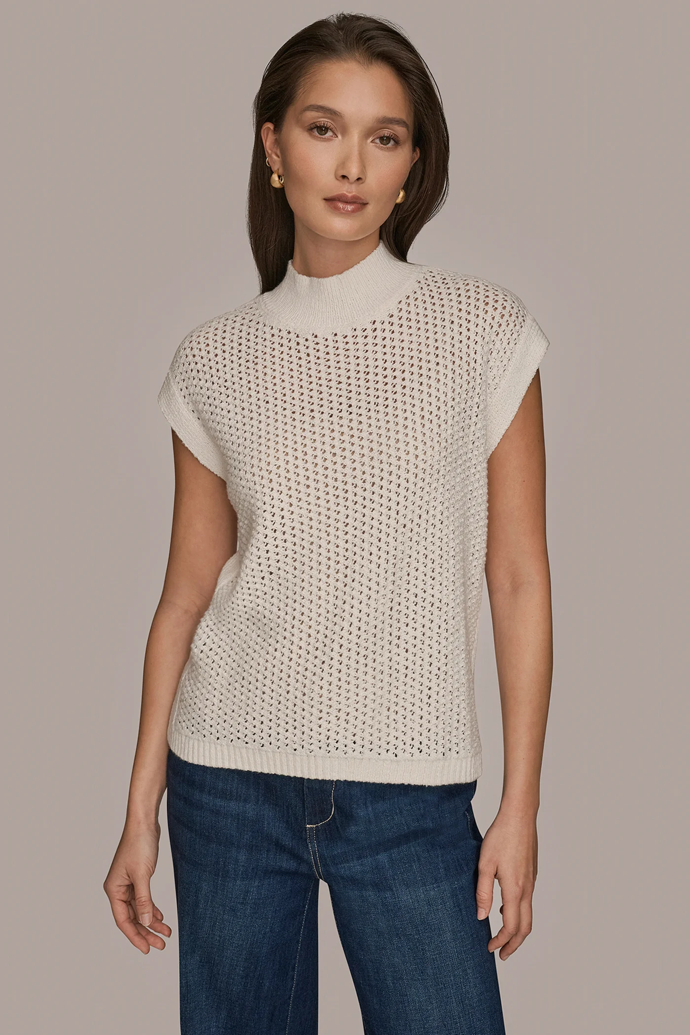 SLEEVELESS MOCK-NECK OPEN STITCH SWEATER - VXVOV