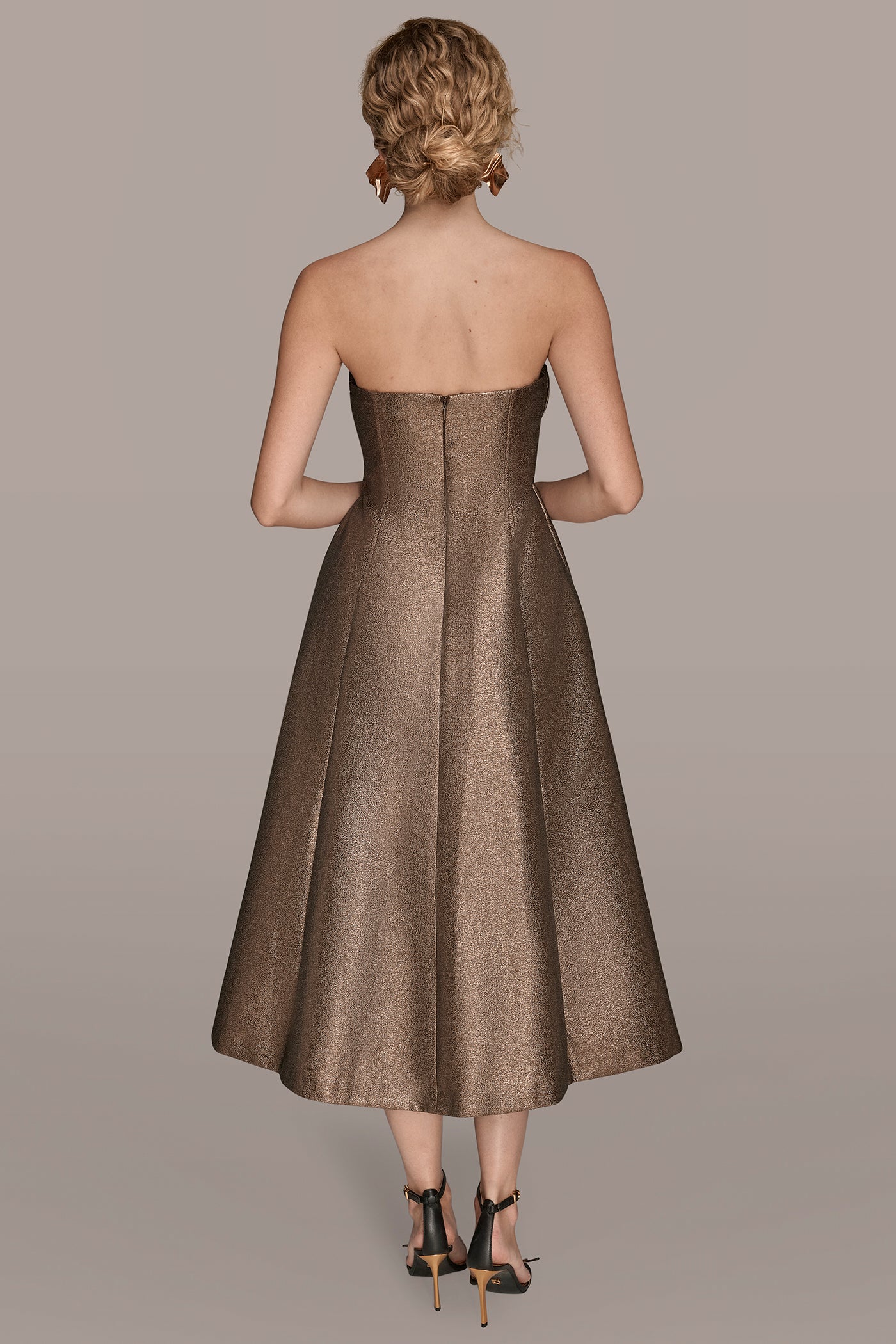 BROCADE STRAPLESS PLEATED MIDI GOWN - VXVOV
