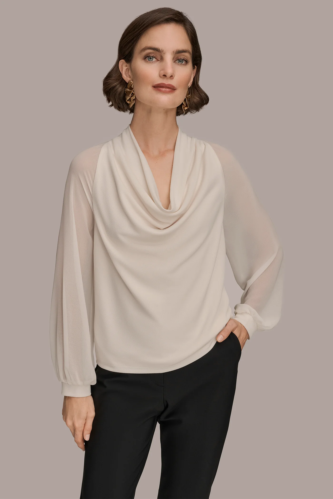SATIN LONG SLEEVE COWL-NECK BLOUSE - VXVOV