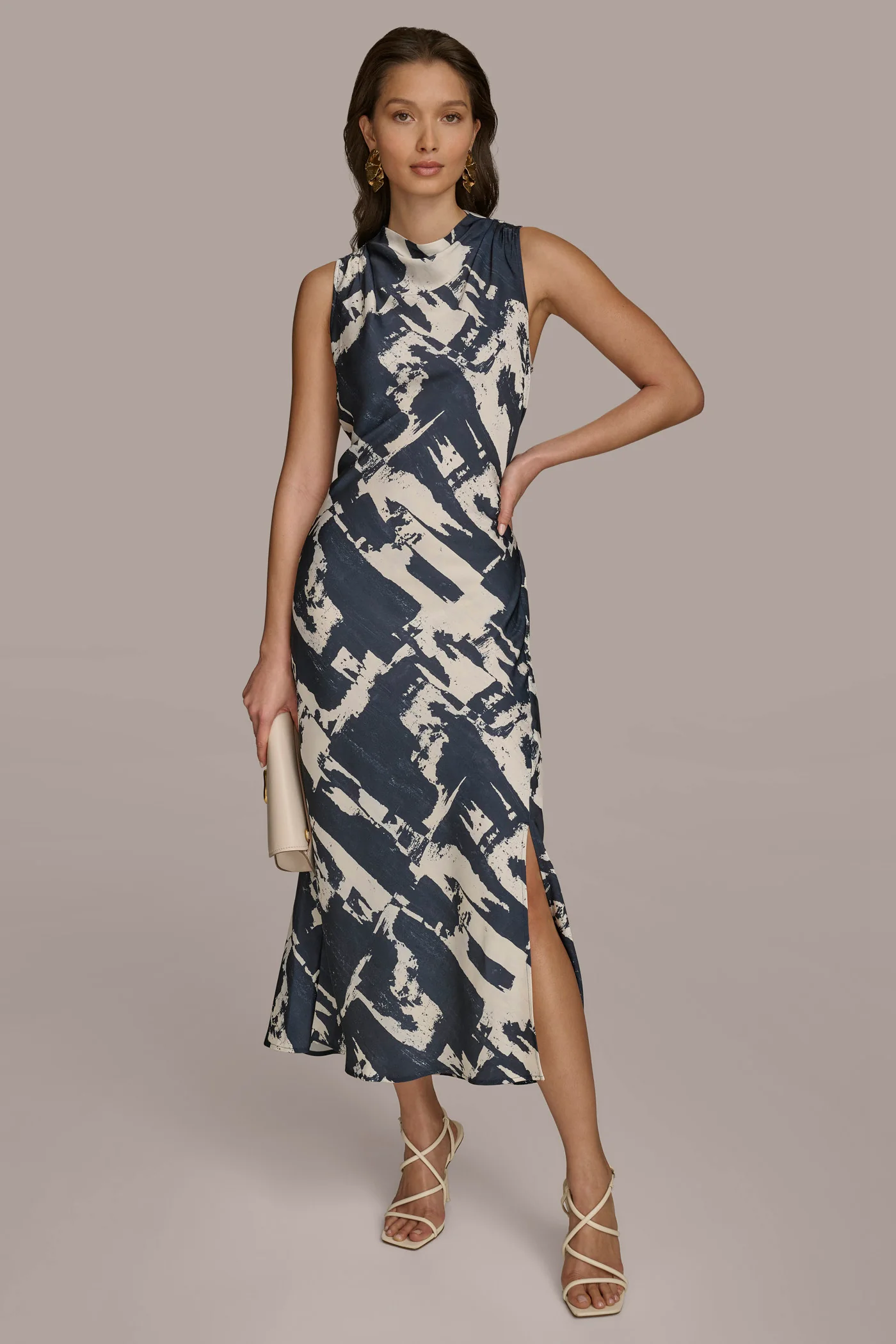 SLEEVELESS MOCK-NECK PRINTED MIDI DRESS - VXVOV