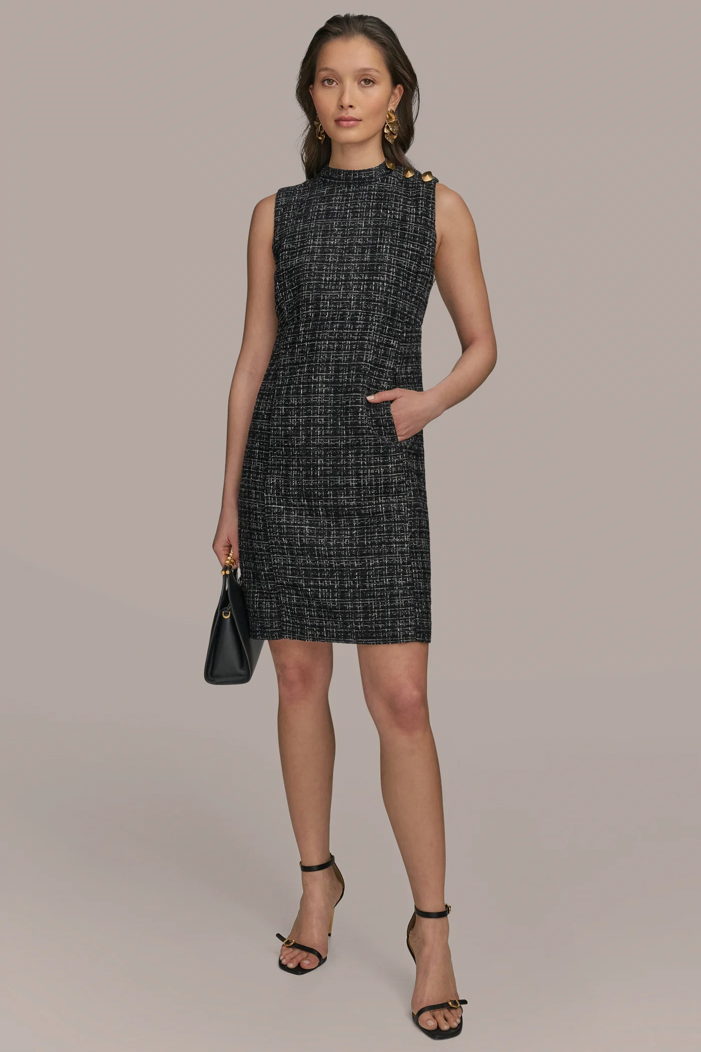 SLEEVELESS METALLIC TWEED SHEATH DRESS - VXVOV