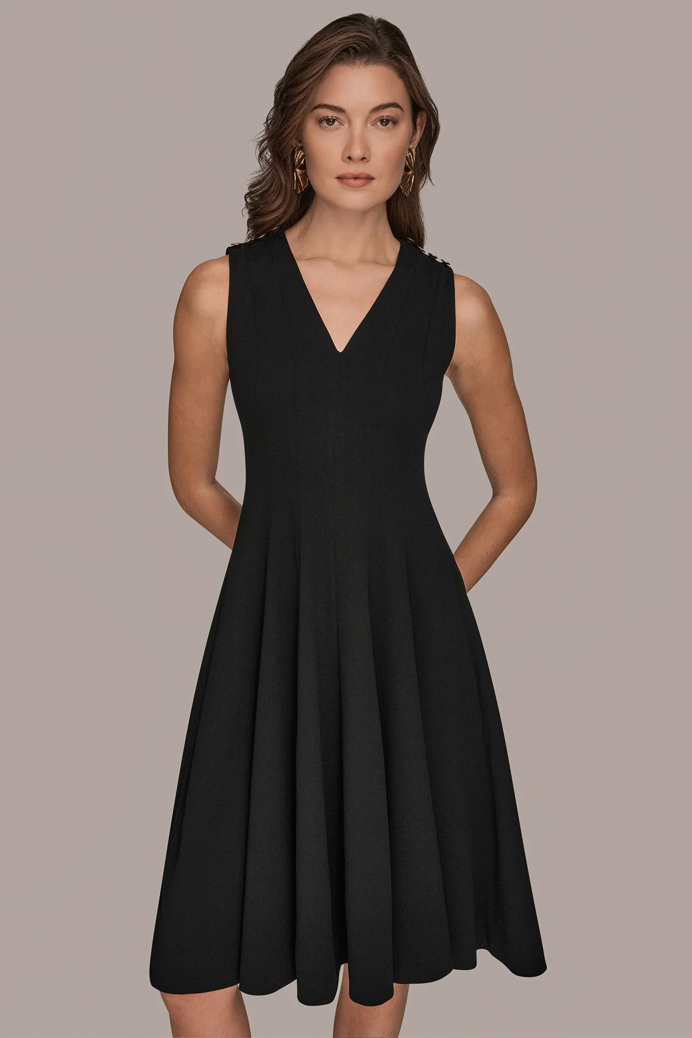 SLEEVELESS BUTTON MIDI FIT AND FLARE DRESS - VXVOV