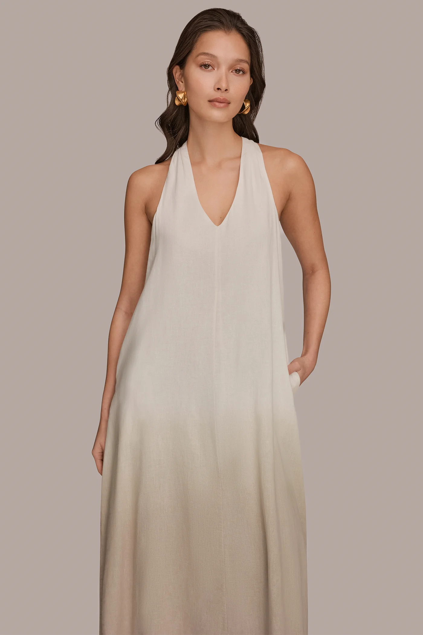LINEN-BLEND SLEEVELESS OMBR   TWIST-BACK MIDI HALTER DRESS - VXVOV