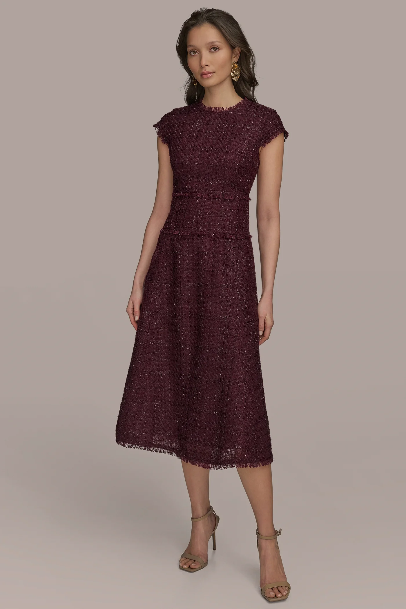 TWEED CAP SLEEVE MIDI A-LINE DRESS - VXVOV