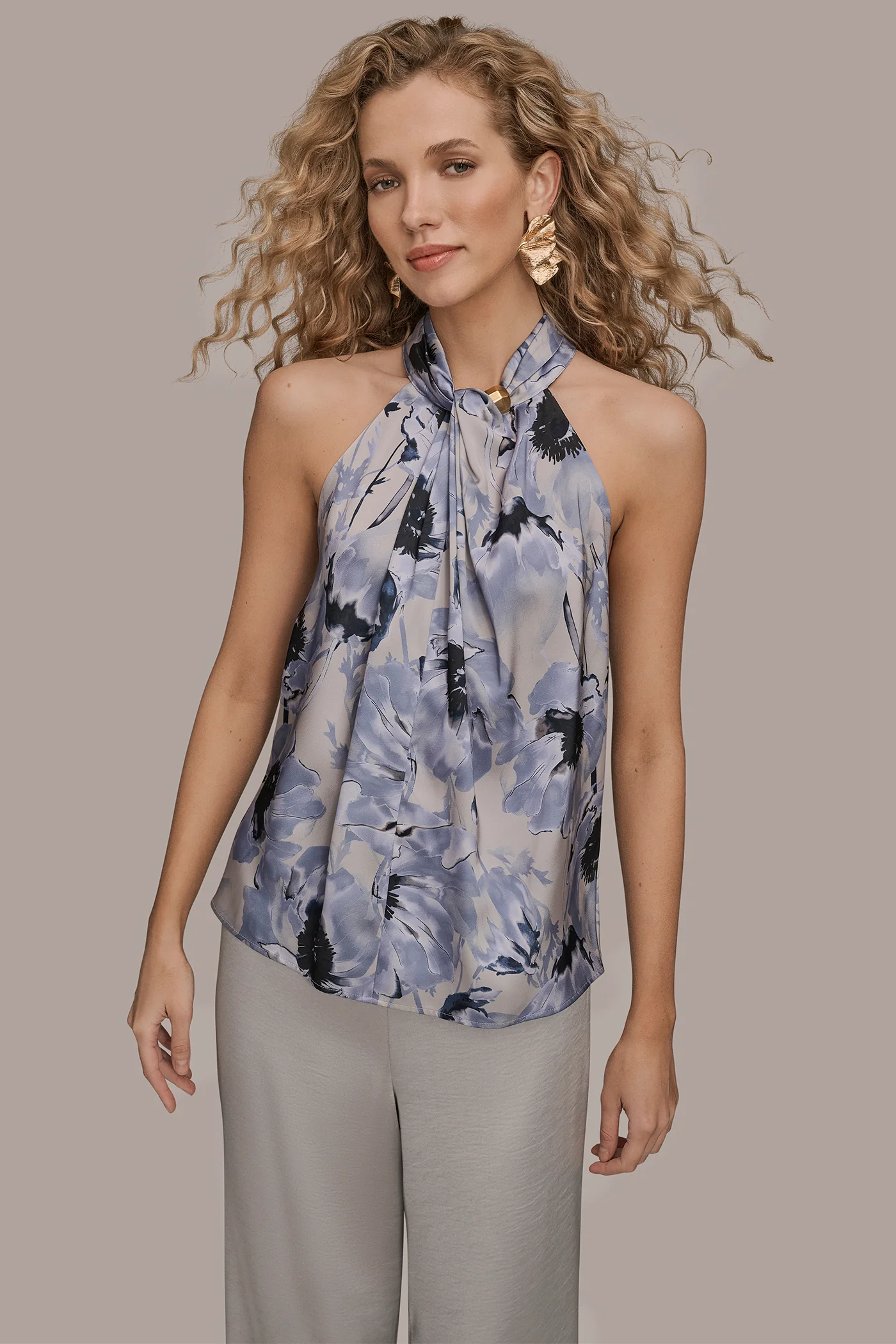 SATIN PRINTED TWIST HALTER BLOUSE - VXVOV