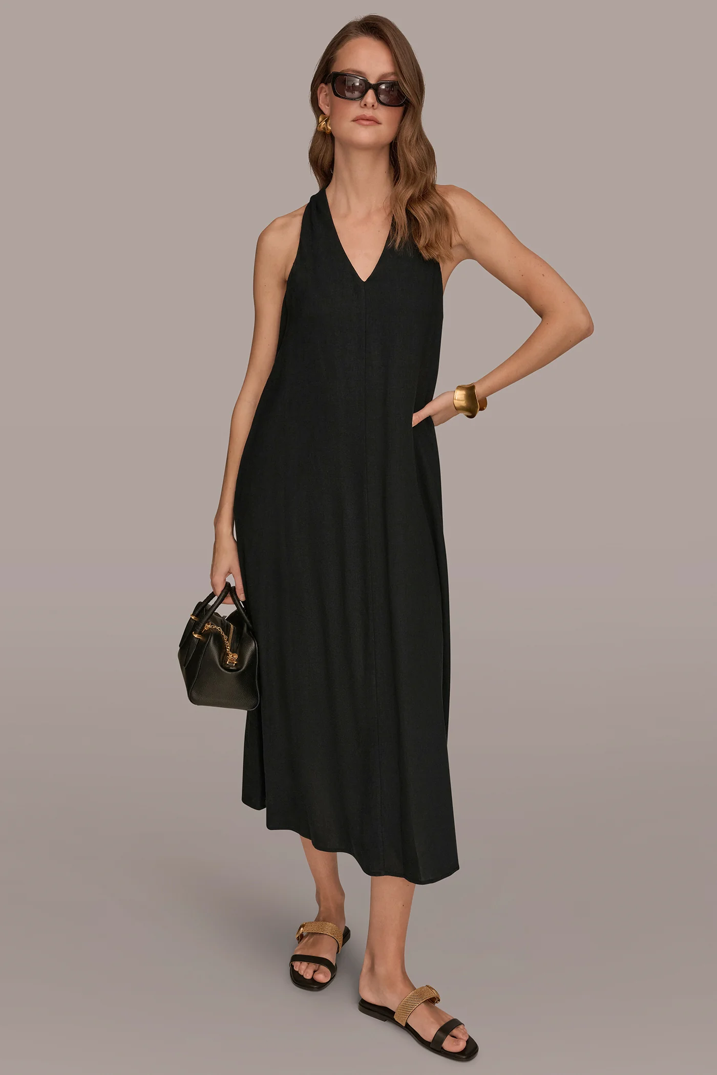 LINEN-BLEND SLEEVELESS TWIST-BACK MIDI HALTER DRESS - VXVOV