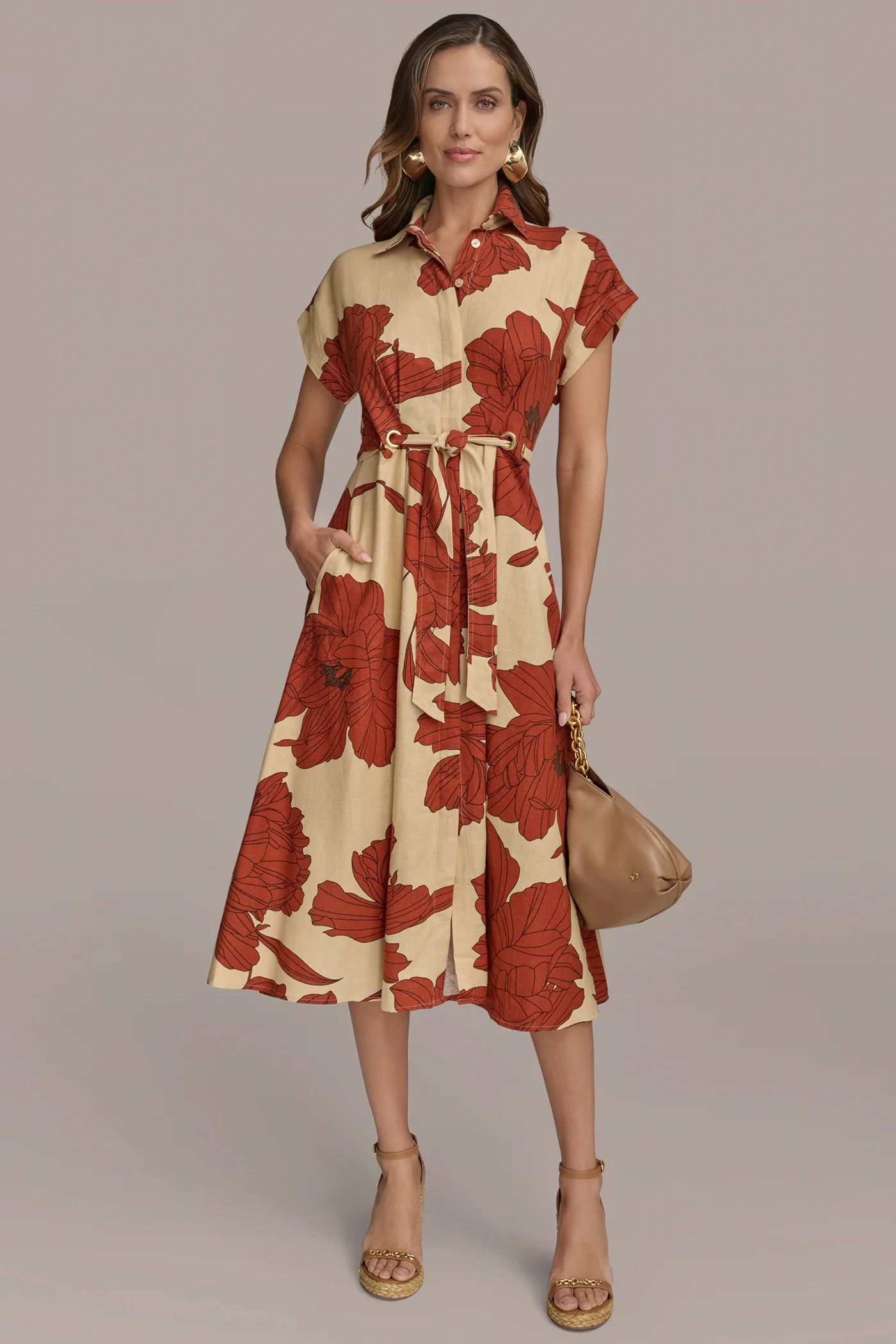 LINEN-BLEND FLORAL MIDI SHIRT DRESS - VXVOV