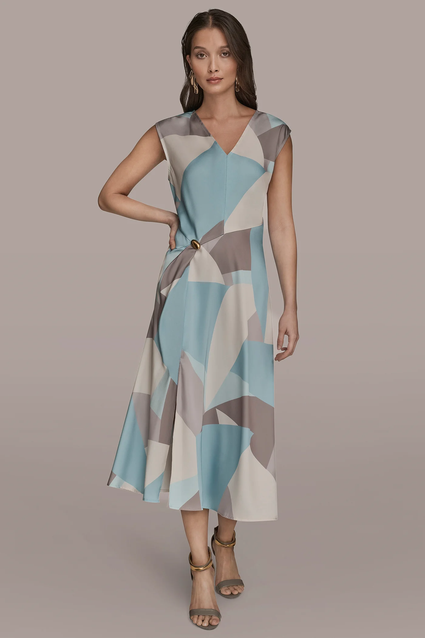 CAP SLEEVE V-NECK PRINTED MIDI DRESS - VXVOV