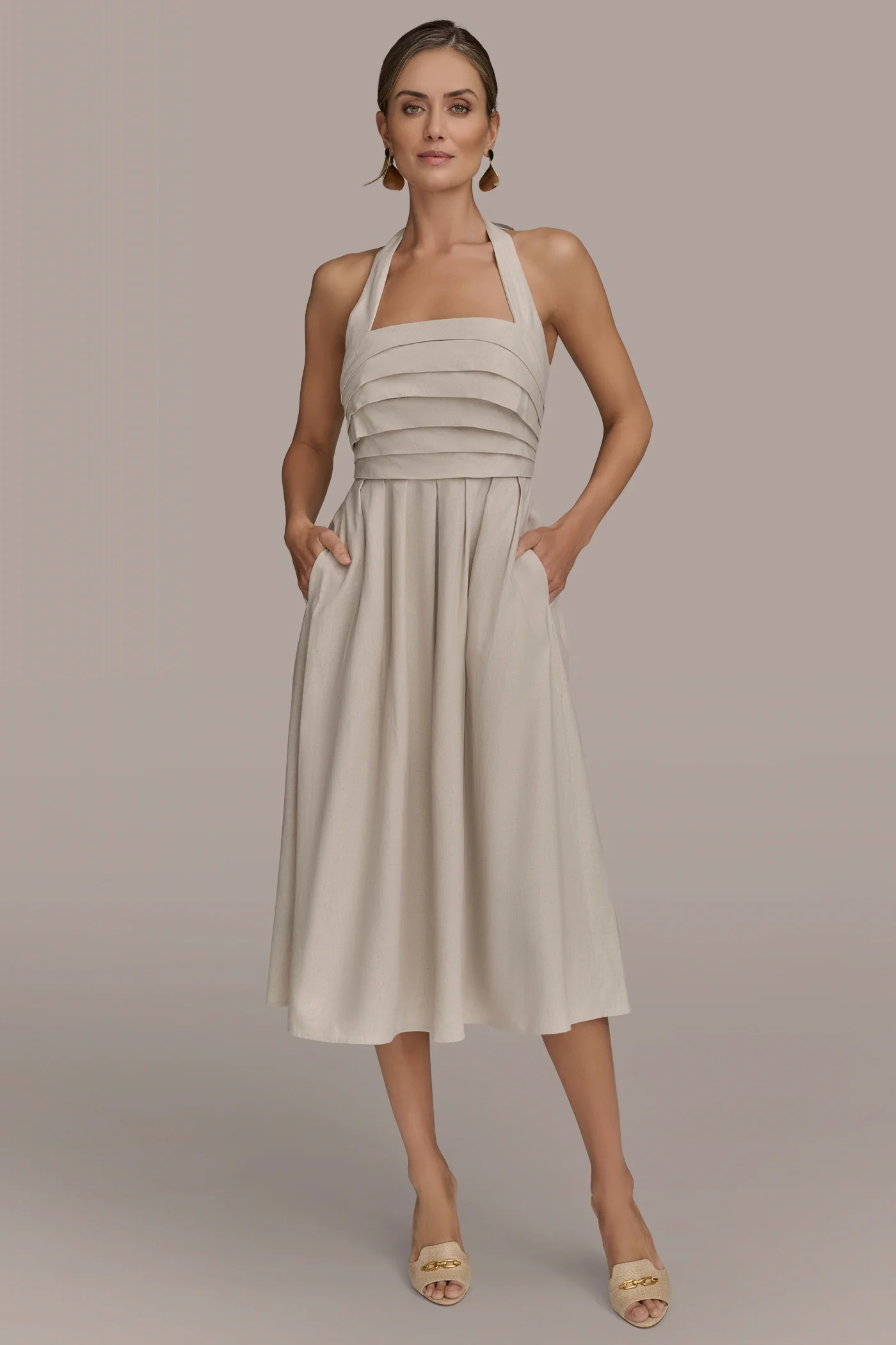 LINEN-BLEND SQUARE-NECK MIDI HALTER DRESS - VXVOV