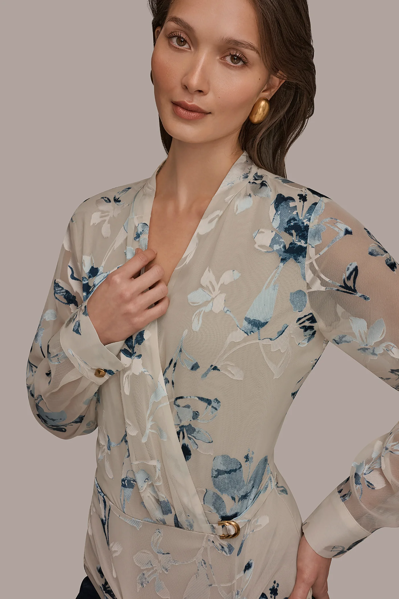 LONG SLEEVE BURNOUT FOIL WRAP BLOUSE - VXVOV