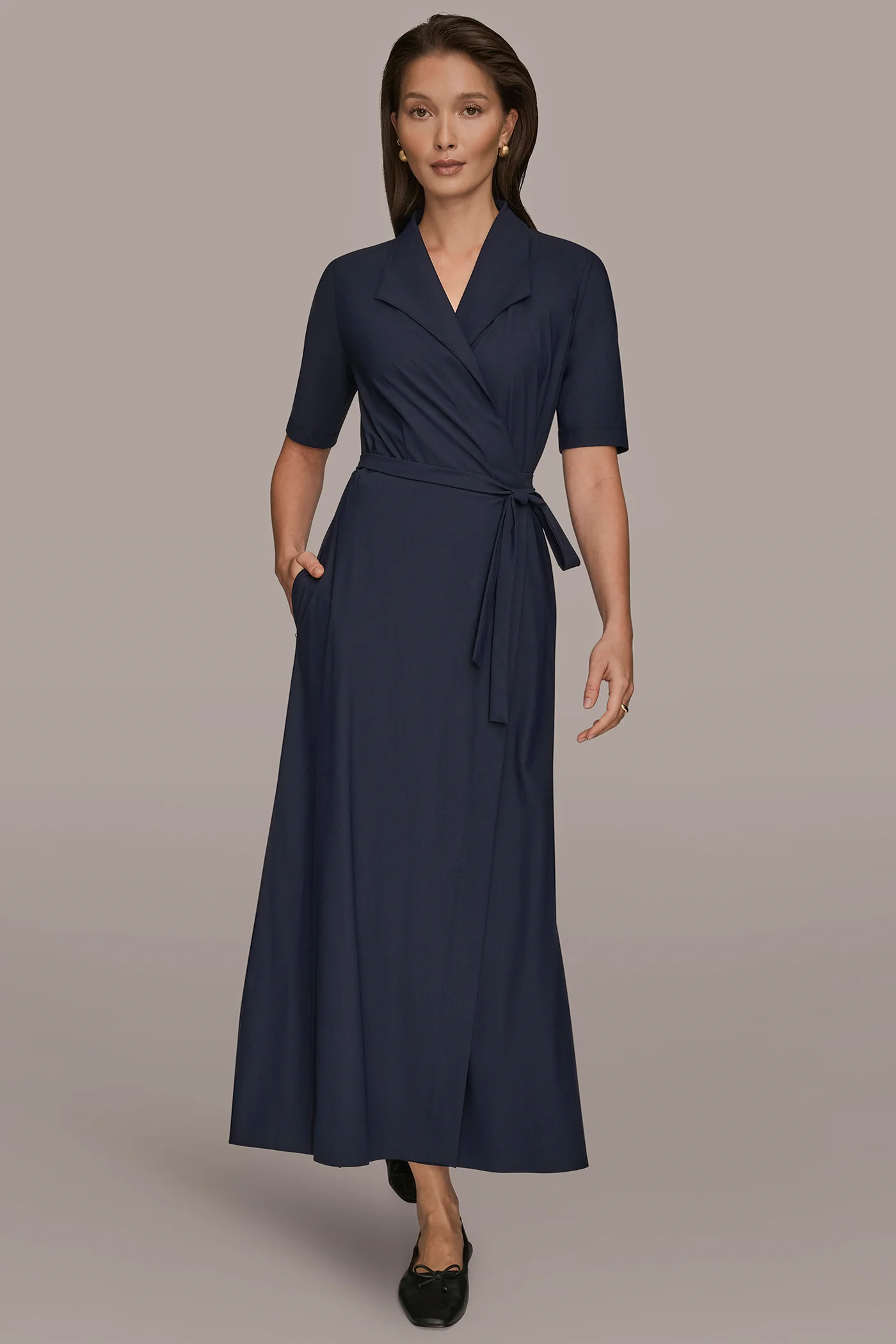 ELBOW-SLEEVE MIDI WRAP DRESS - VXVOV