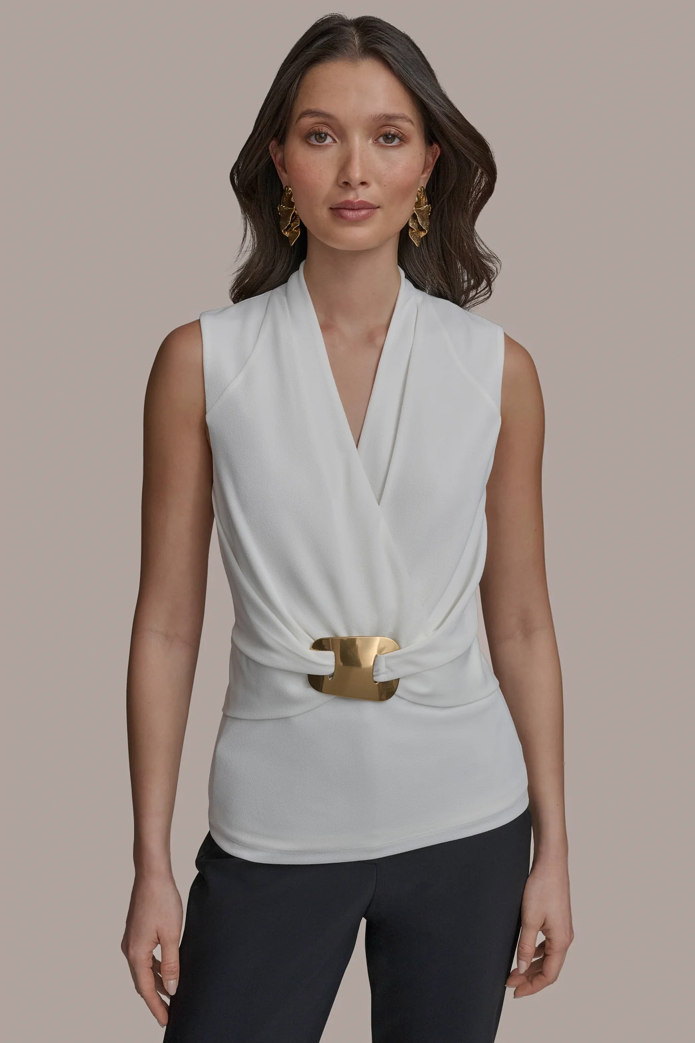 SLEEVELESS FAUX WRAP V-NECK WITH HARDWARE - VXVOV