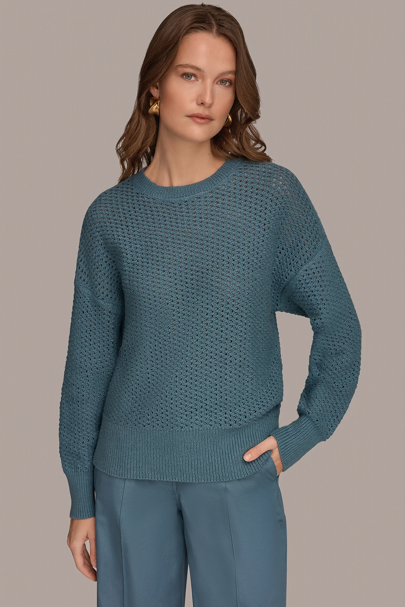 COTTON-BLEND LONG SLEEVE OPEN STITCH SWEATER - VXVOV