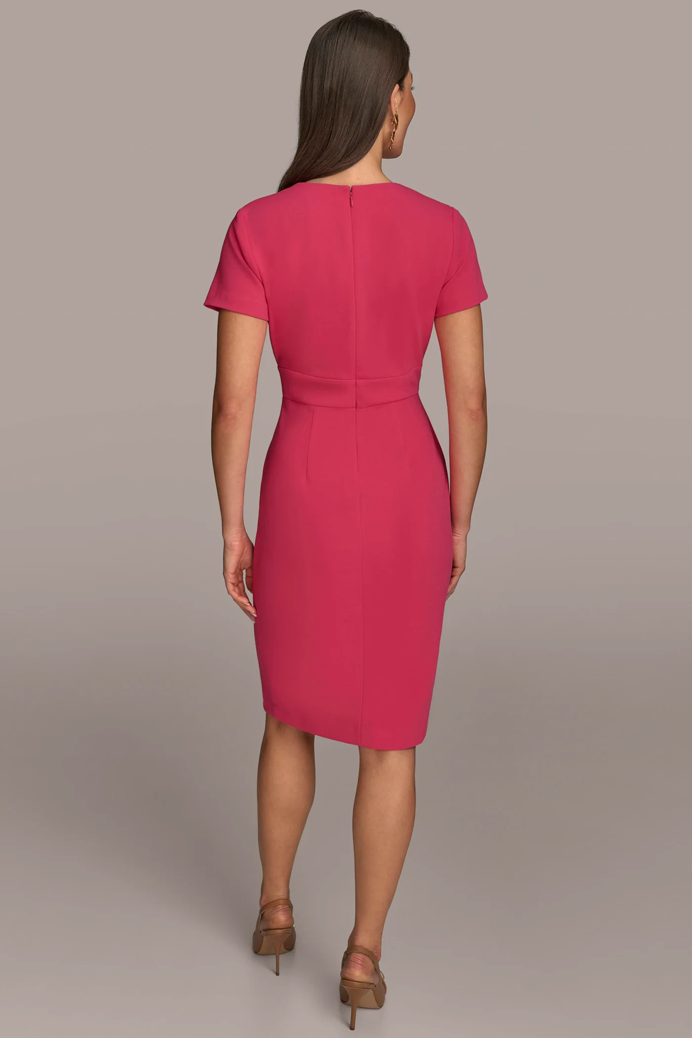 SHORT SLEEVE SPLIT V-NECK SHEATH DRESS - VXVOV