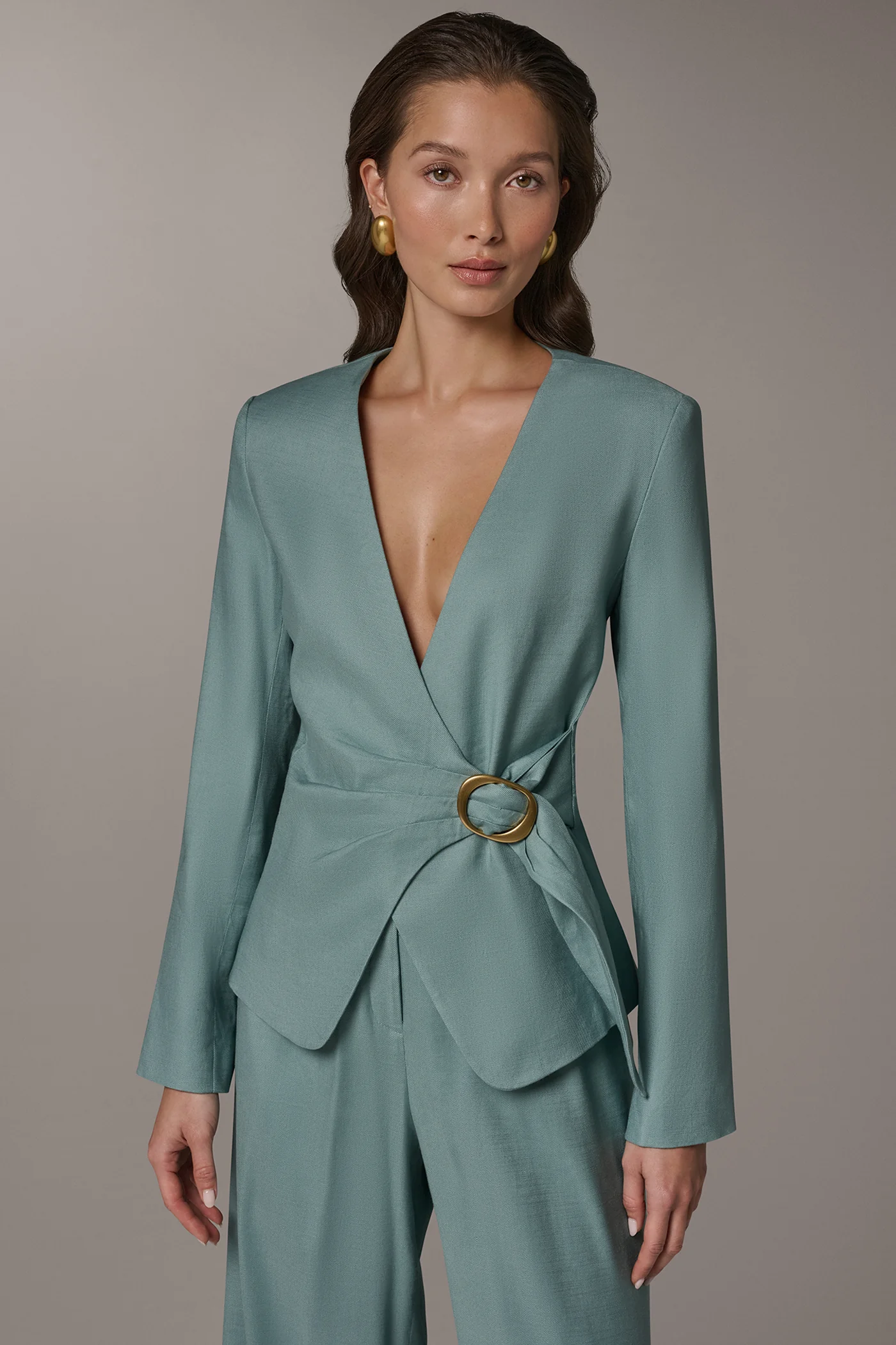 LINEN-BLEND WRAP-EFFECT BUCKLE JACKET - VXVOV