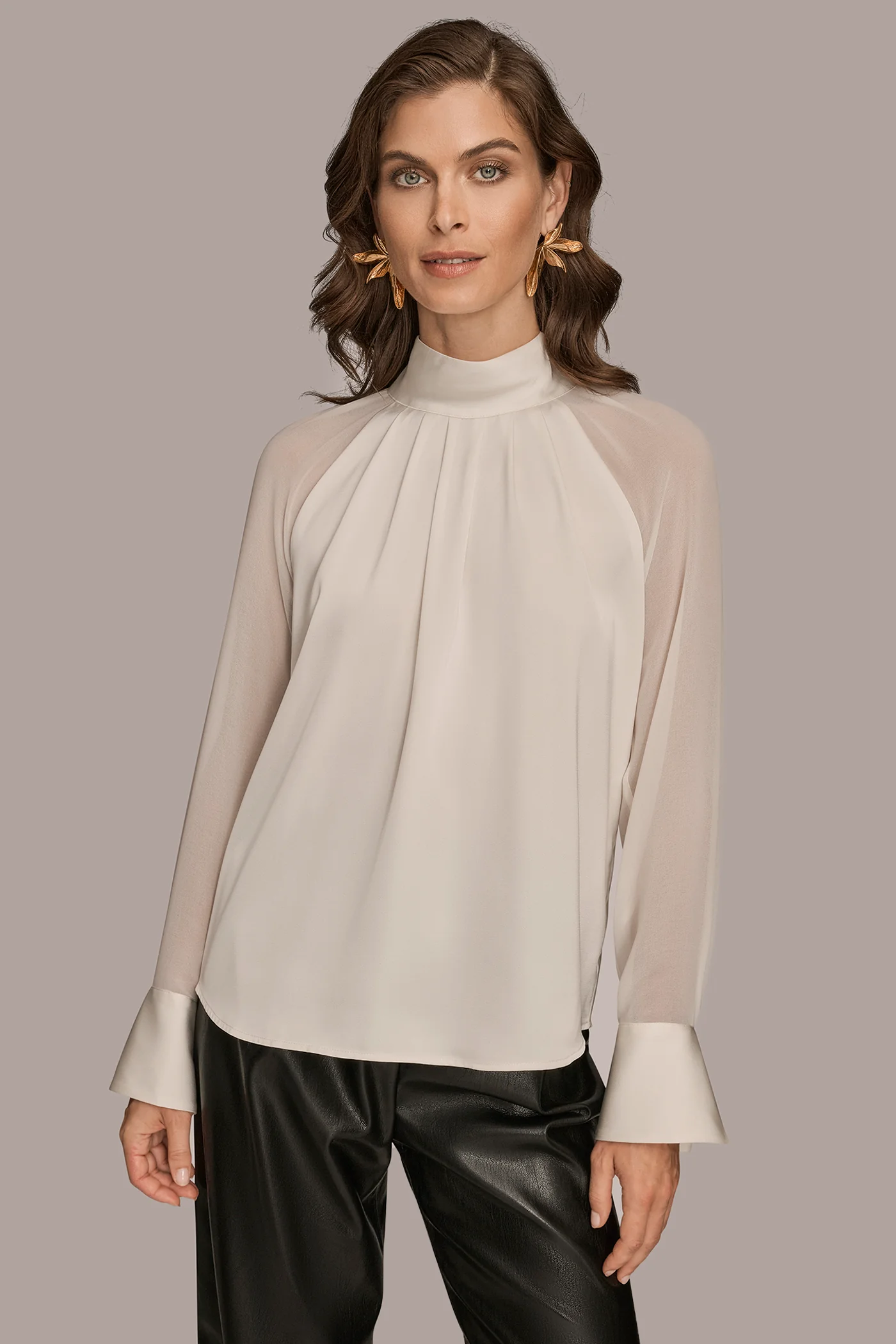 LONG SLEEVE MOCK-NECK PLEATED BLOUSE - VXVOV